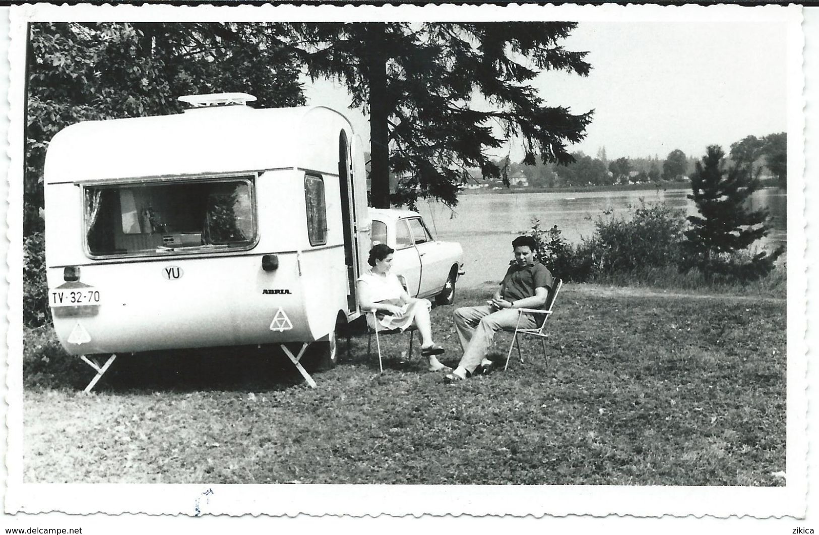 2 Photo Cards Opel And Trailor ADRIA. Camping.photo Czechoslovakia 1967.license Plate( TV - Titov Veles,Macedonia ) - Wohnwagen