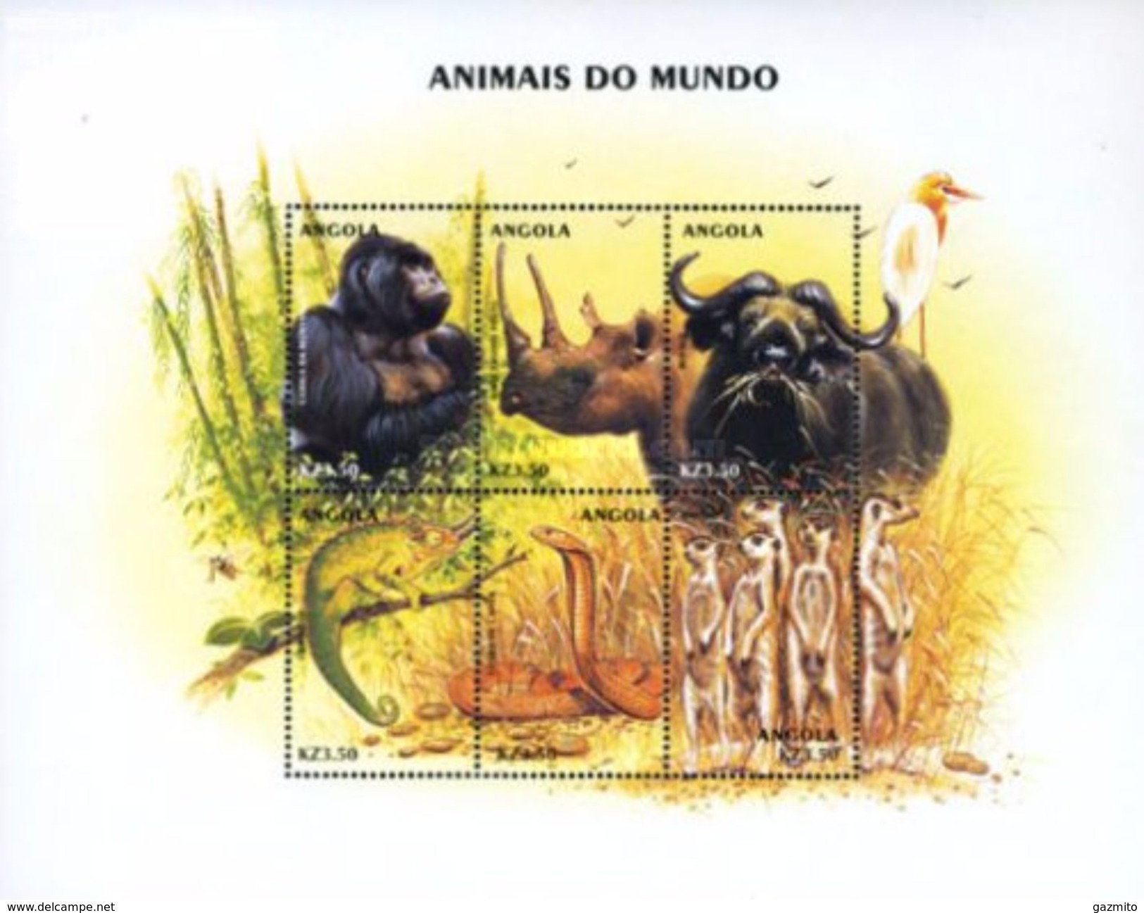 Angola 2000, Animals, Monkey, Rhino, Snake, Cmaleont, 6val In BF - Gorilla's