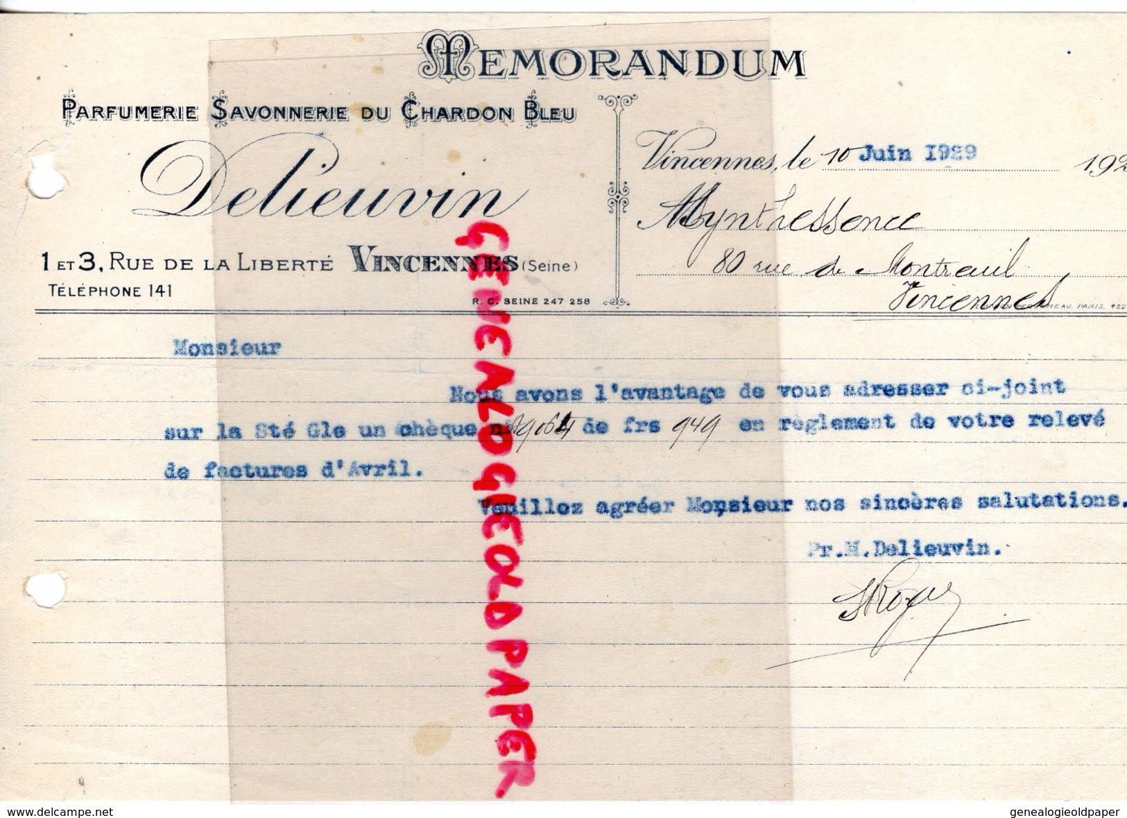 94- VINCENNES- MEMORANDUM DELIEUVI- PARFUMERIE SAVONNERIE DU CHARDON BLEU- 1-3 RUE LIBERTE- PARFUM- 1920 - Drogerie & Parfümerie