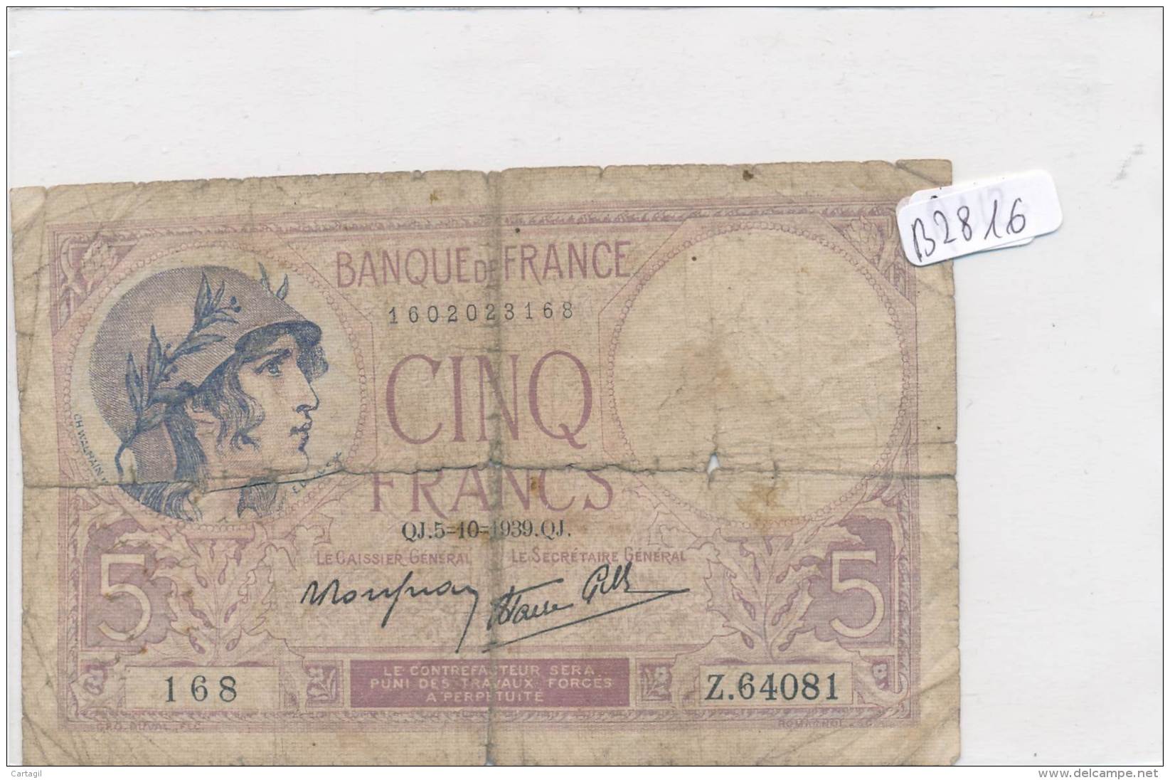 Billets - B2816 - France -5 Francs 1939 (type, Nature, Valeur, état... Voir  Double Scans) - 5 F 1917-1940 ''Violet''