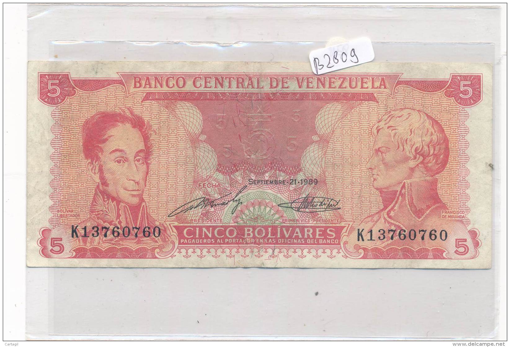 Billets - B2809 -Vénézuela - 5 Bolivares 1989 (type, Nature, Valeur, état... Voir  Double Scans)-Envoi Gratuit - Venezuela