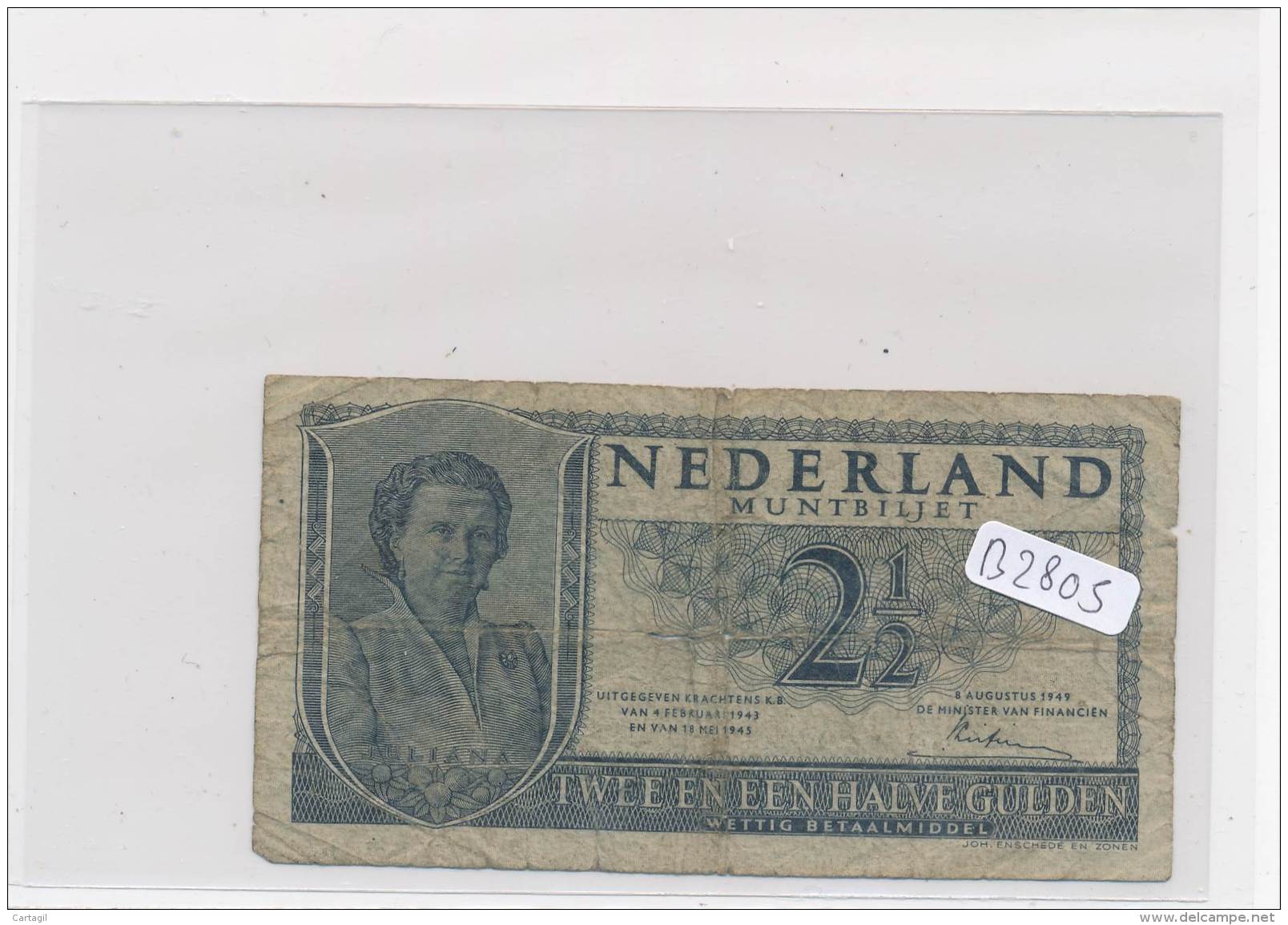 Billets - B2805 - Pays Bas -2 1/2 Gulden 1943 (type, Nature, Valeur, état... Voir  Double Scans) - 2 1/2 Gulden