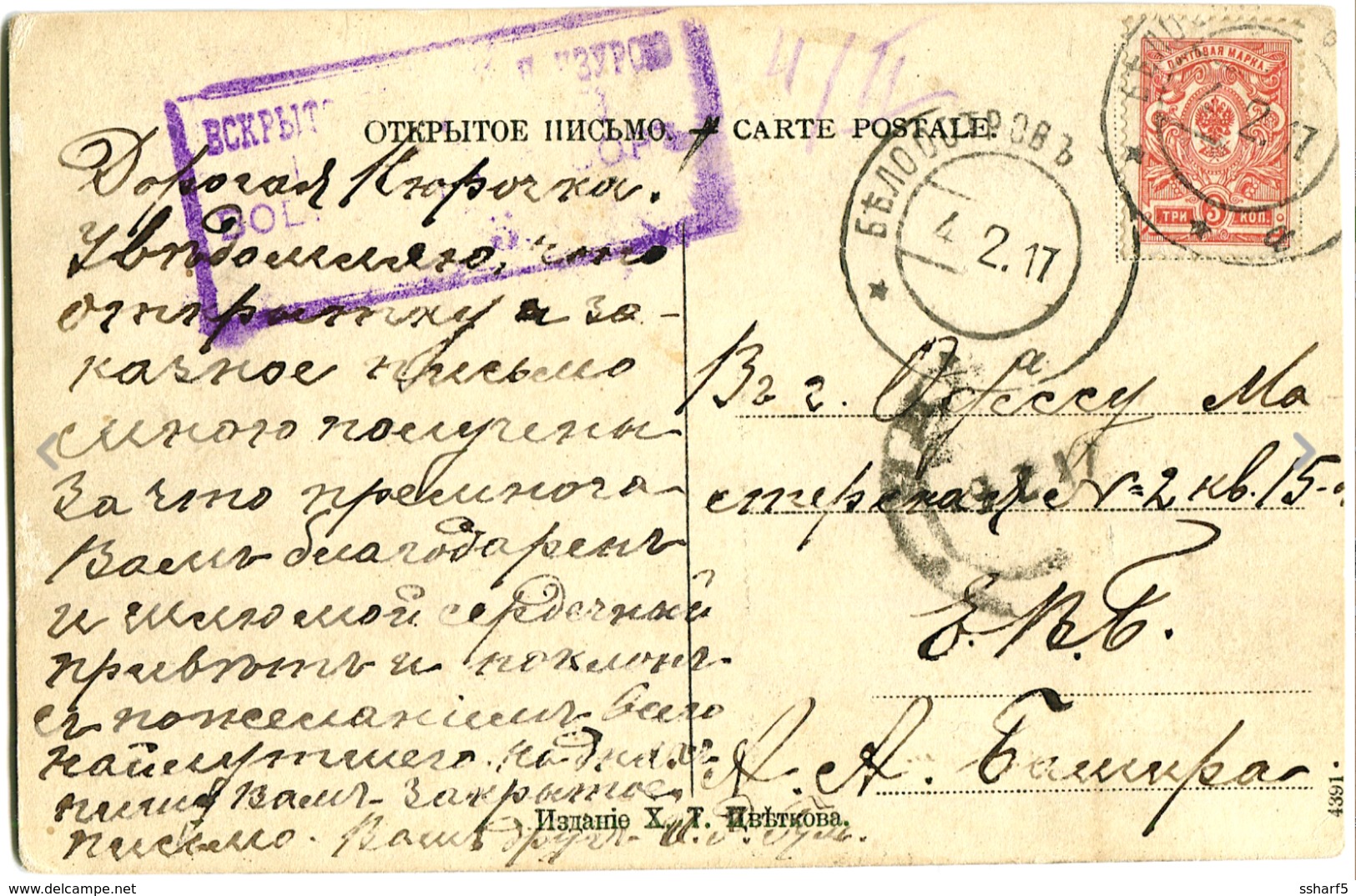 Violet Boxed Handstamp CENSOR? On Postcard To Odessa 4.2.1917 - Cartas & Documentos