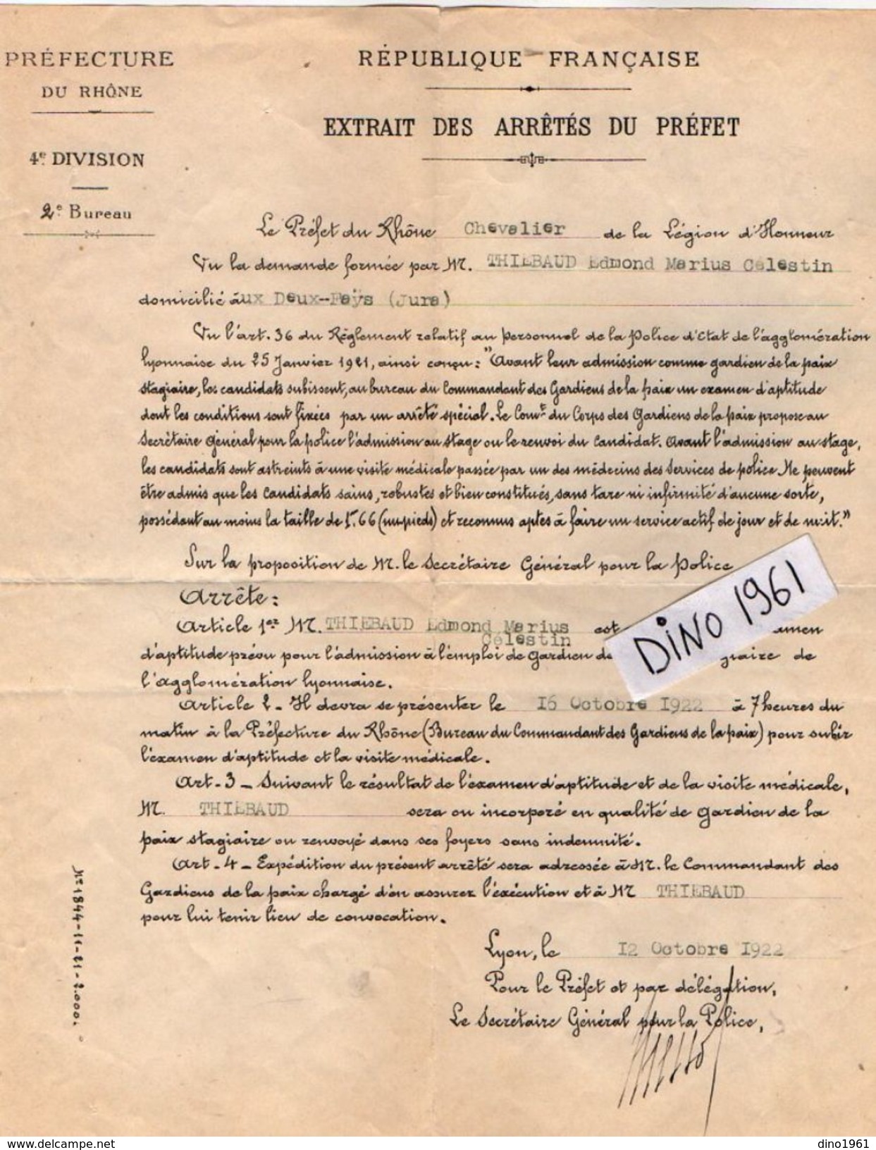 VP11.561 - LYON 1921 - Police - Lettre De La Préfecture Du Rhône  Concernant Mr THIEBAUD Aux DEUX FAYS - Police & Gendarmerie