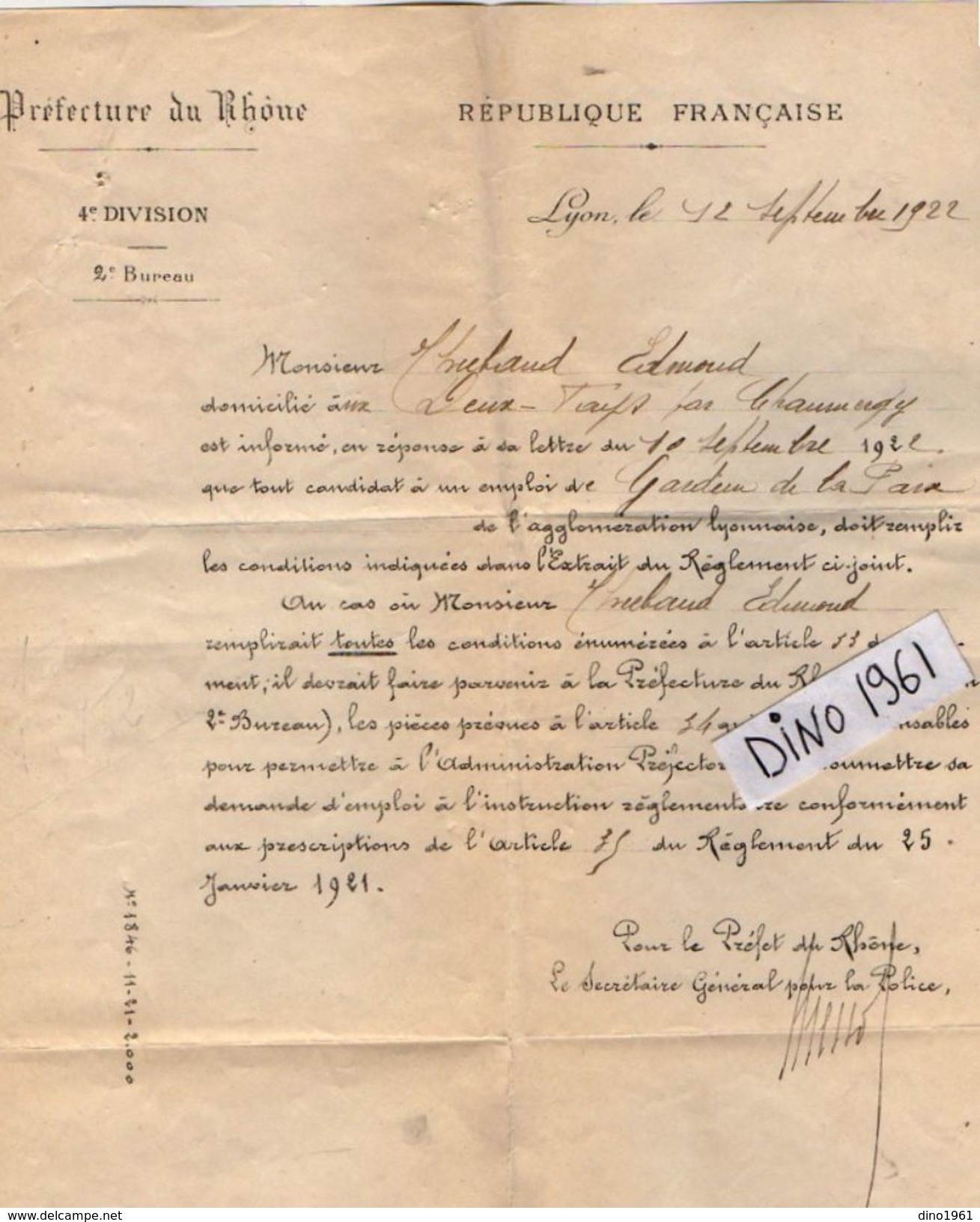 VP11.562 - LYON 1921 - Police - Lettre De La Préfecture Du Rhône  Concernant Mr THIEBAUD Aux DEUX FAYS - Polizei