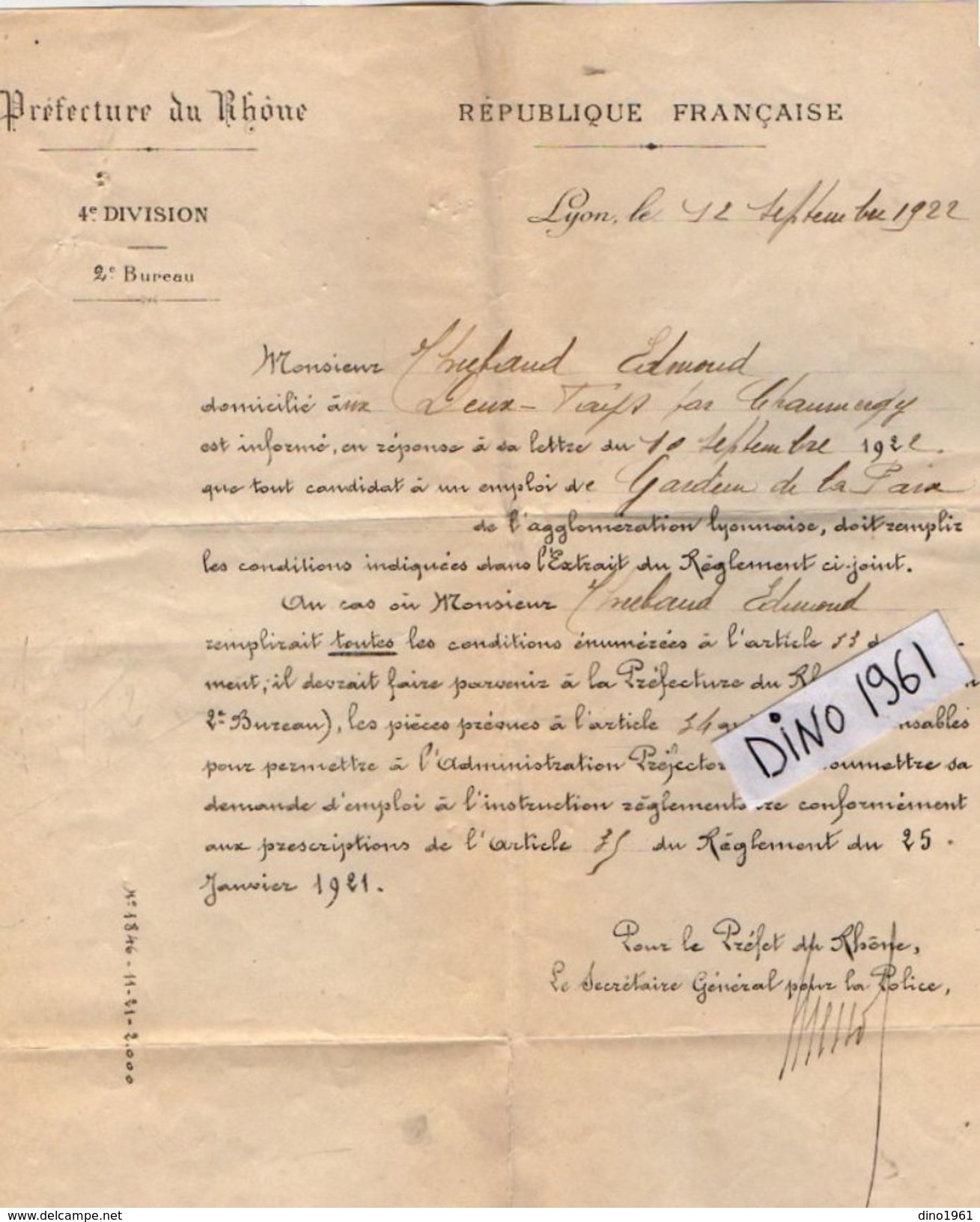 VP11.562 - LYON 1921 - Police - Lettre De La Préfecture Du Rhône  Concernant Mr THIEBAUD Aux DEUX FAYS - Politie & Rijkswacht