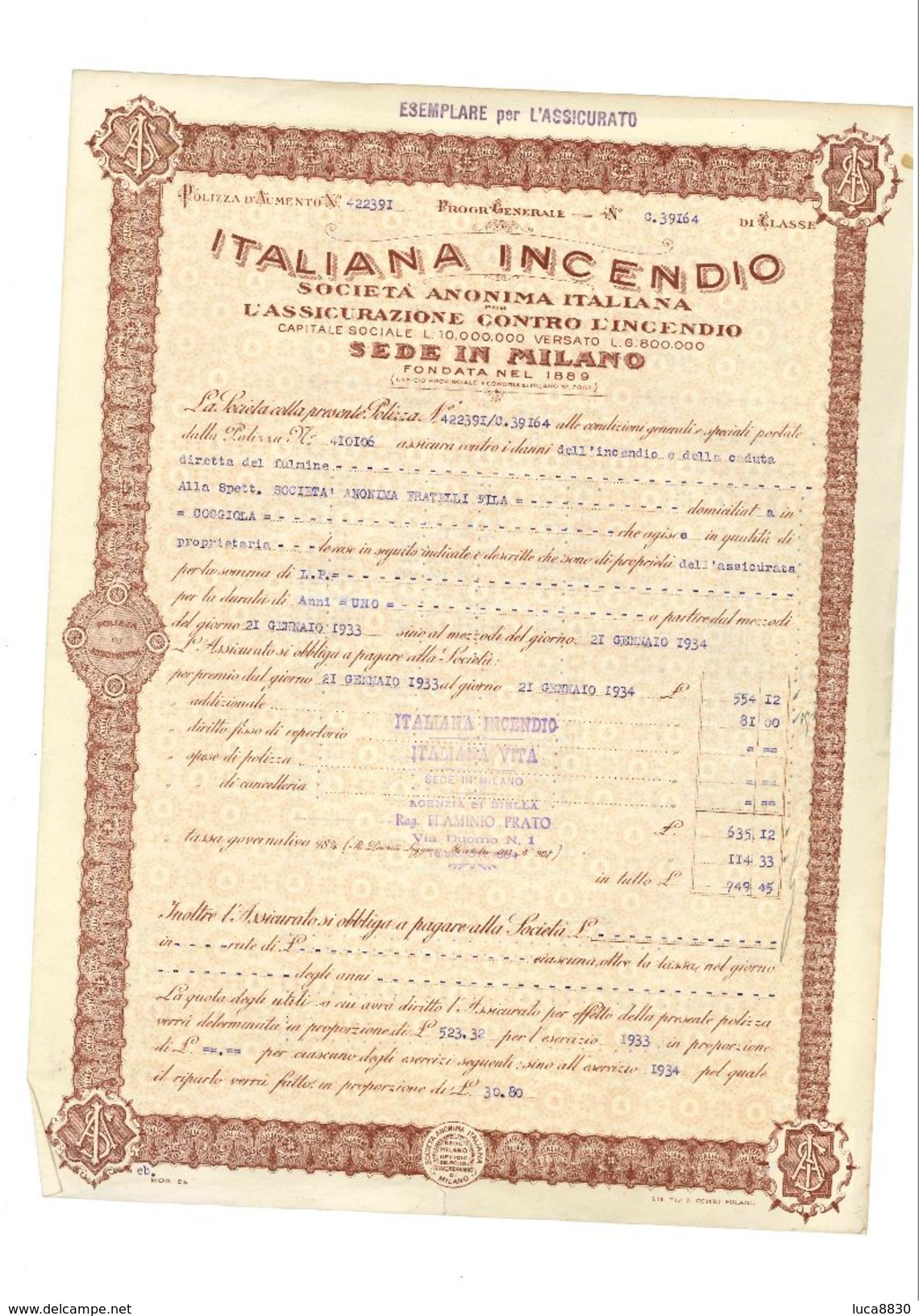 POLIZZA ASSICURAZIONE ITALIANA INCENDIO 1934 - Altri & Non Classificati