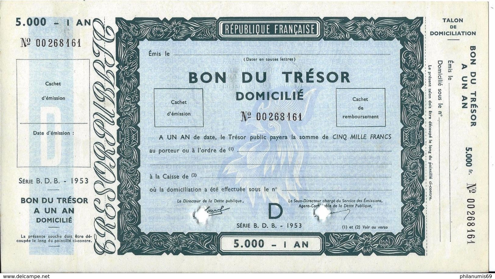 REPUBLIQUE FRANCAISE - BON DU TRESOR DOMICILIE 5000 FRANCS NEUF - 1953 - Autres & Non Classés