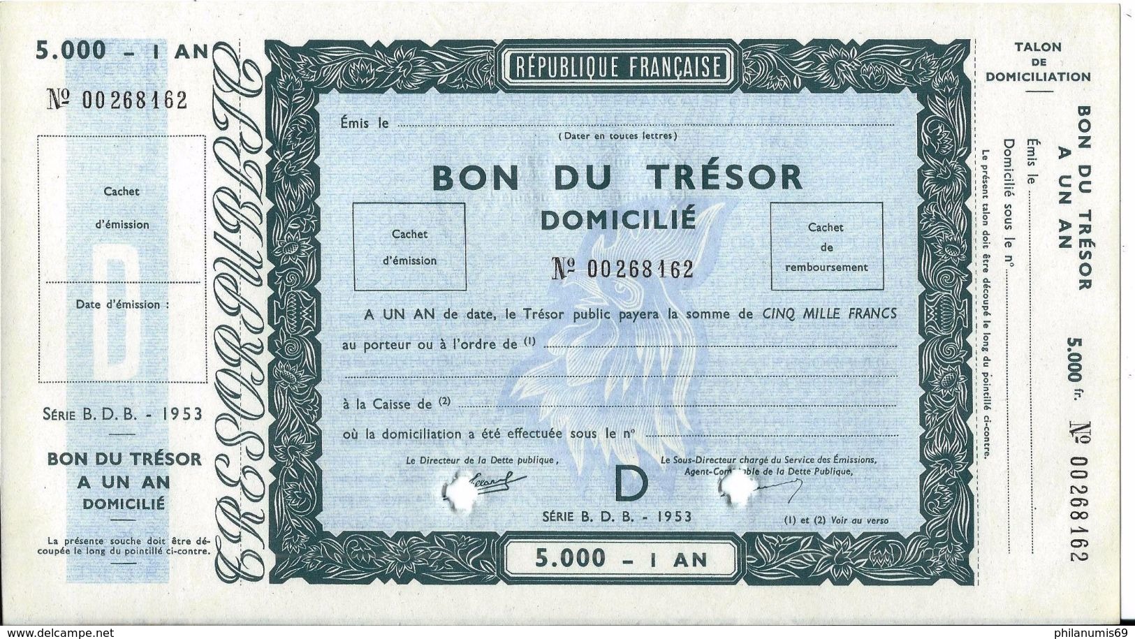 REPUBLIQUE FRANCAISE - BON DU TRESOR DOMICILIE 5000 FRANCS NEUF - 1953 - Autres & Non Classés