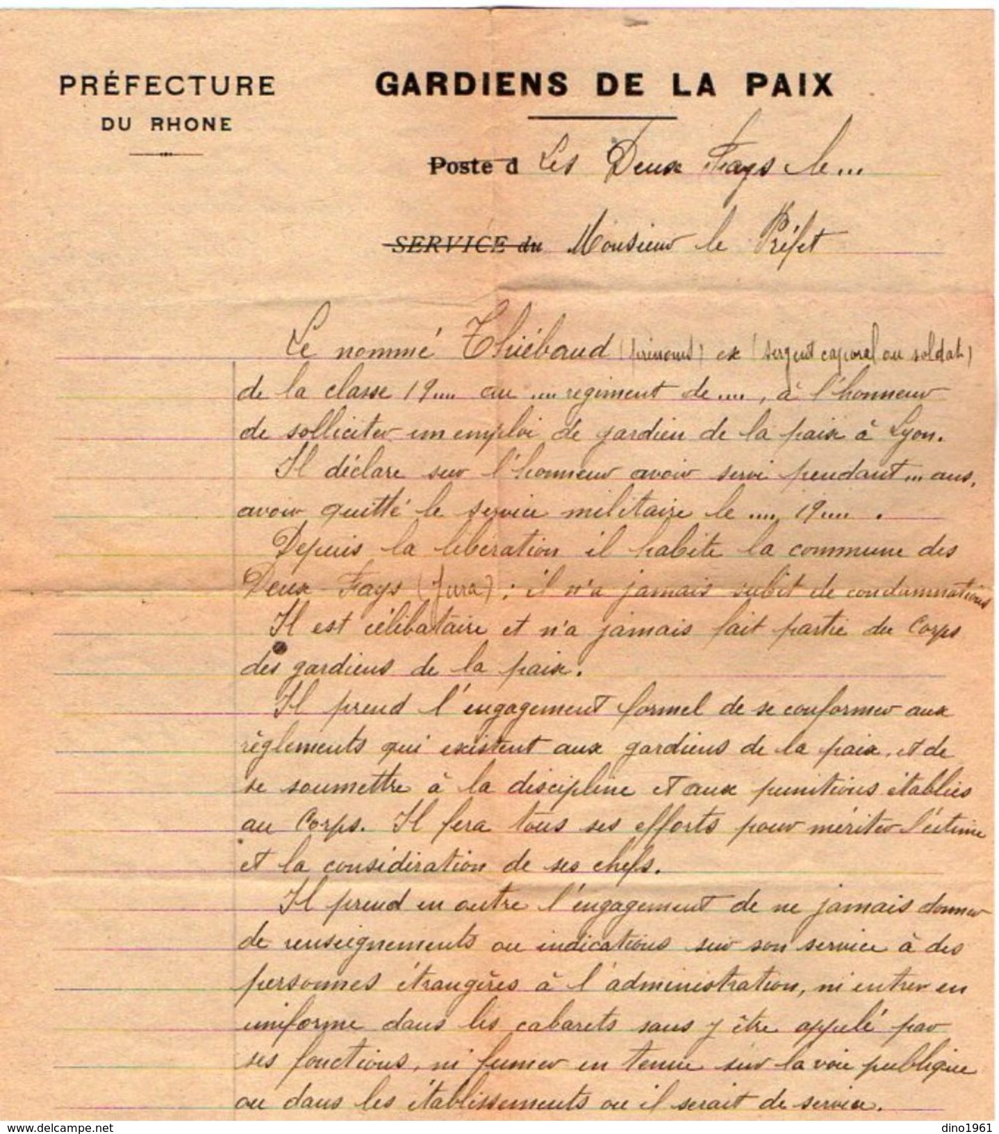 VP11.563 - LYON 1921- Police Gardiens De La Paix - Lettre De La Préfecture Du Rhône Concernant Mr THIEBAUD Aux DEUX FAYS - Polizei