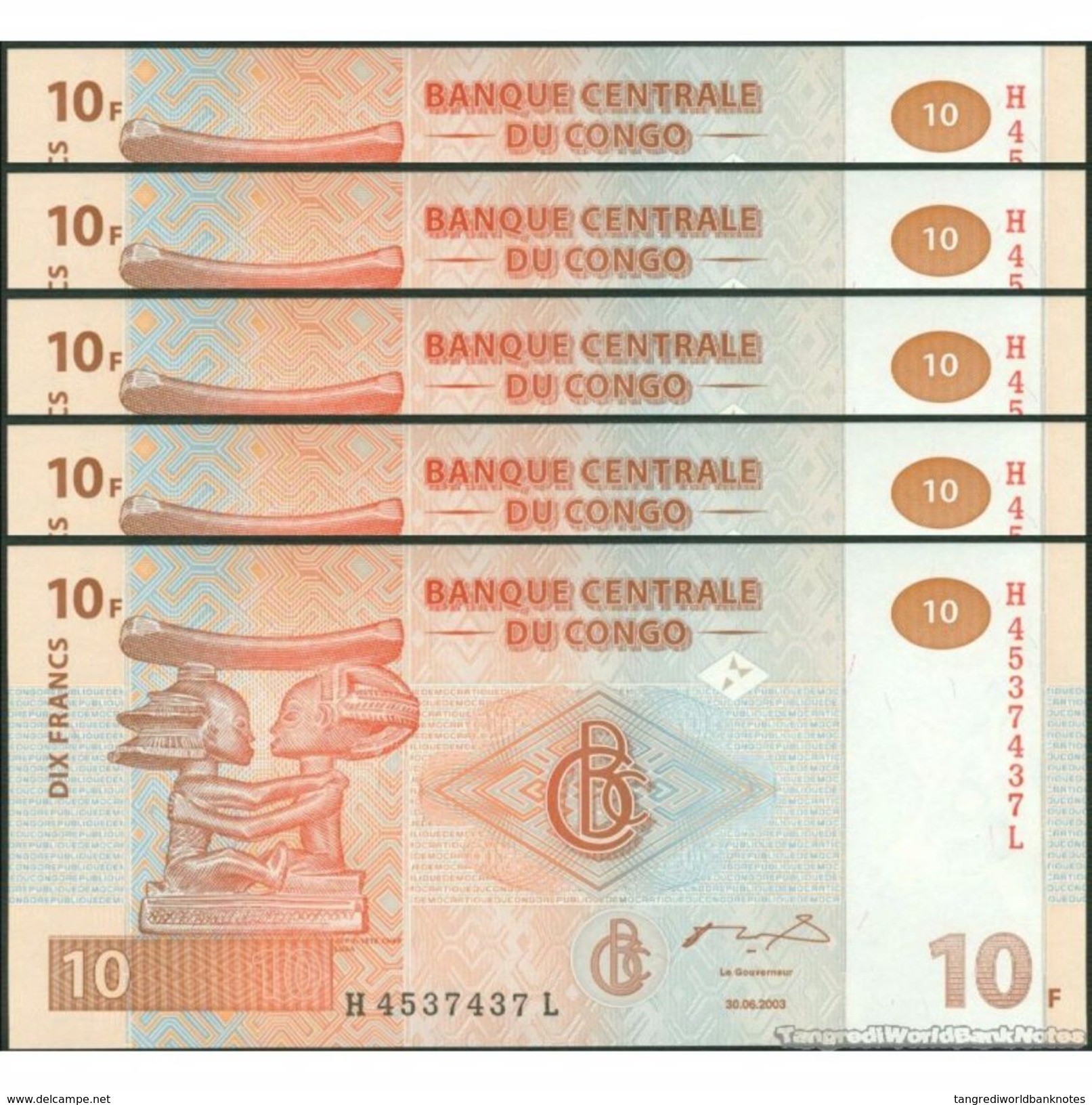 TWN - CONGO DEM. REP. 93a - 10 Francs 30.6.2003 DEALERS LOT X 5 H-L (G&D) UNC - Repubblica Democratica Del Congo & Zaire