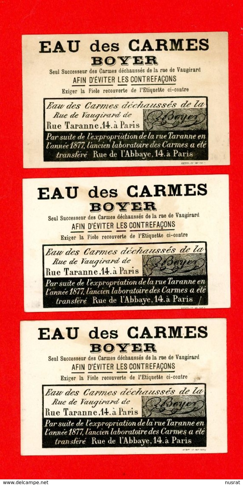 Eau Des Carmes Boyer, Lot De 3 Chromos, Lith. Aubry, Enfants & Oiseaux, Deux Coupe-jarrets, Messagers Fidèles, Pêcheurs - Autres & Non Classés