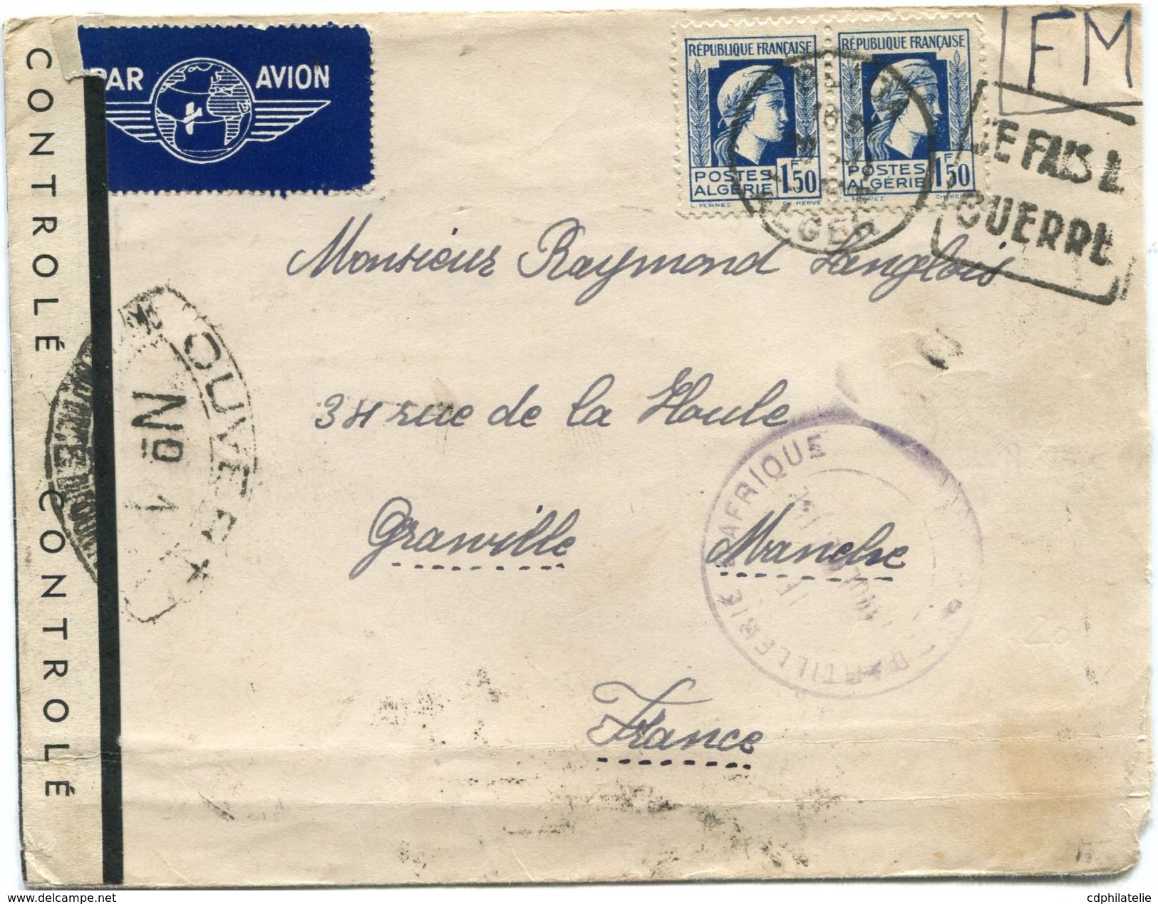 ALGERIE LETTRE PAR AVION CENSUREE DEPART BLIDA ?-11-45 ALGER POUR LA FRANCE - Lettres & Documents