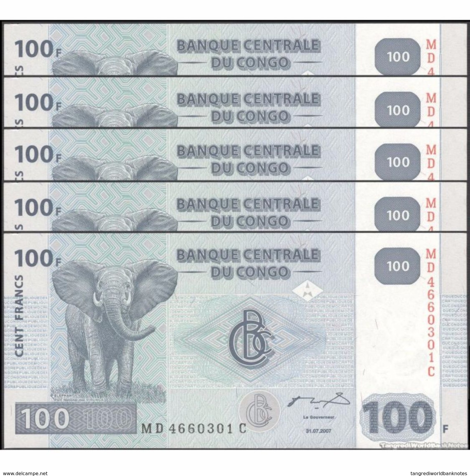 TWN - CONGO DEM. REP. 98a - 100 Francs 31.7.2007 DEALERS LOT X 5 MD-C (HdM) UNC - Repubblica Democratica Del Congo & Zaire