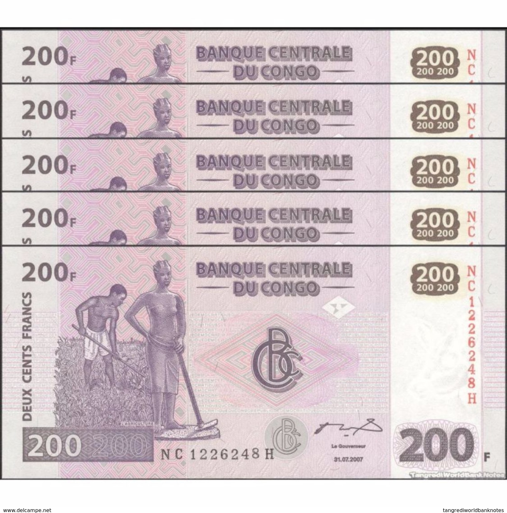 TWN - CONGO DEM. REP. 99A - 200 Francs 31.7.2007 DEALERS LOT X 5 NC-H (HdM) UNC - Democratic Republic Of The Congo & Zaire