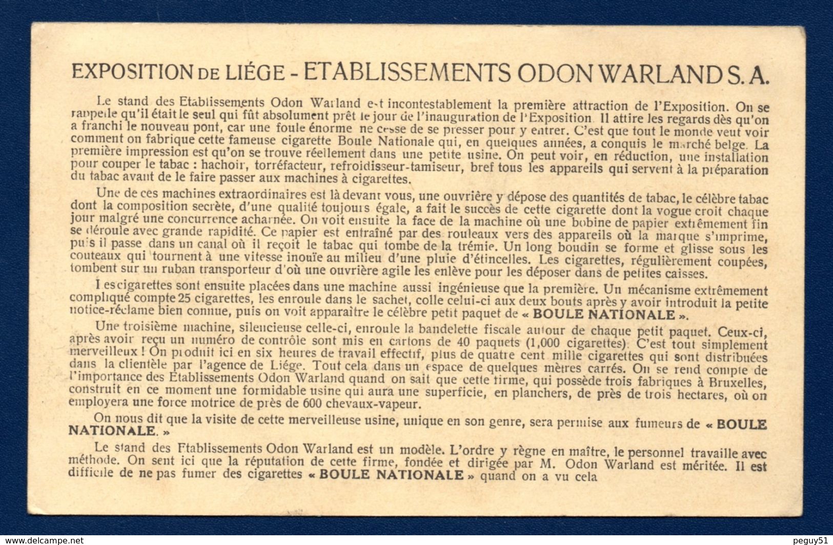 Carte Publicitaire Cigarettes Boule Nationale. Etablissements Odon Warland. Exposition De Liège 1930 - Publicité