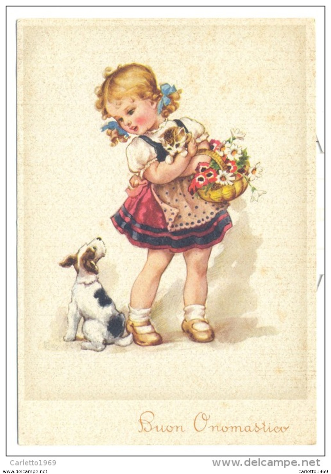 Cartolina Illustrata Buon Onomastico Bambina Con Cagnolino Non Viaggiata F.g. Ottimo Stato - Autres & Non Classés