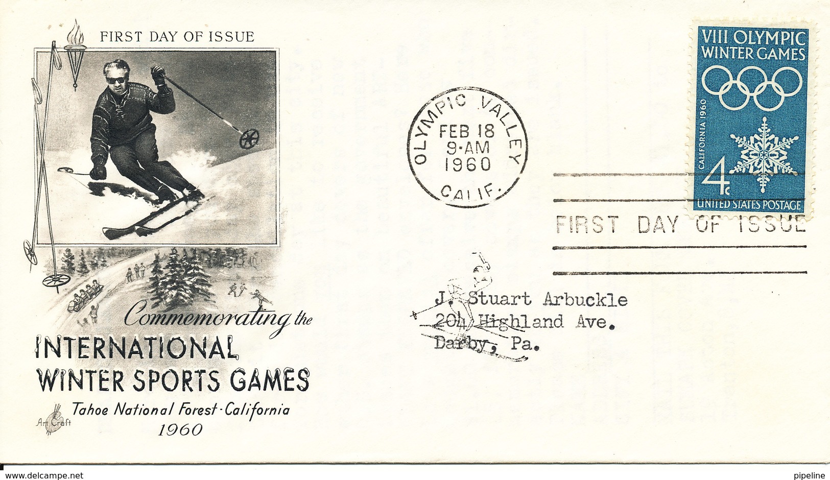 USA FDC 18-2-1960 VIII Olympic Winter Sports Games With Art Craft Cachet - 1951-1960