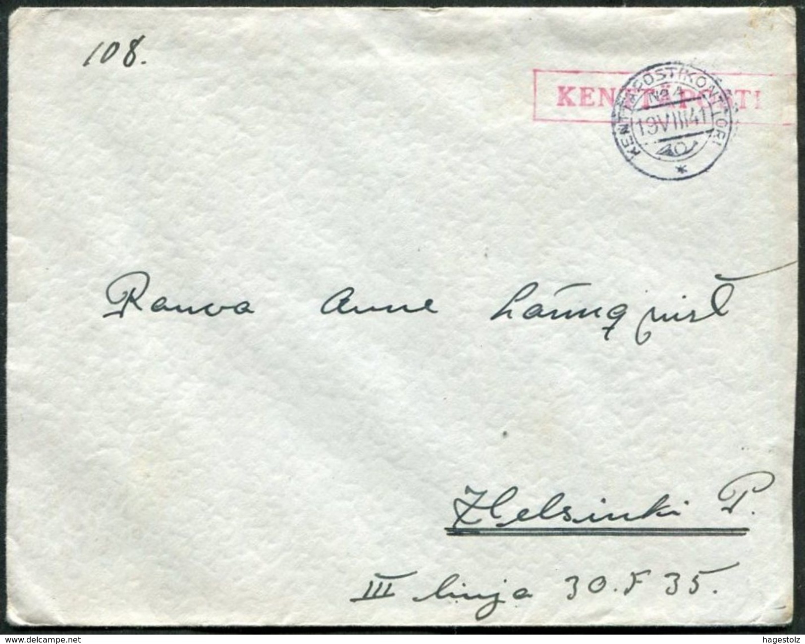 Finland 1941 WW2 Field Post Office KPK Nr. 4 RED CACHET Military Cover Feldpost Poste Militaire WWII - Militares