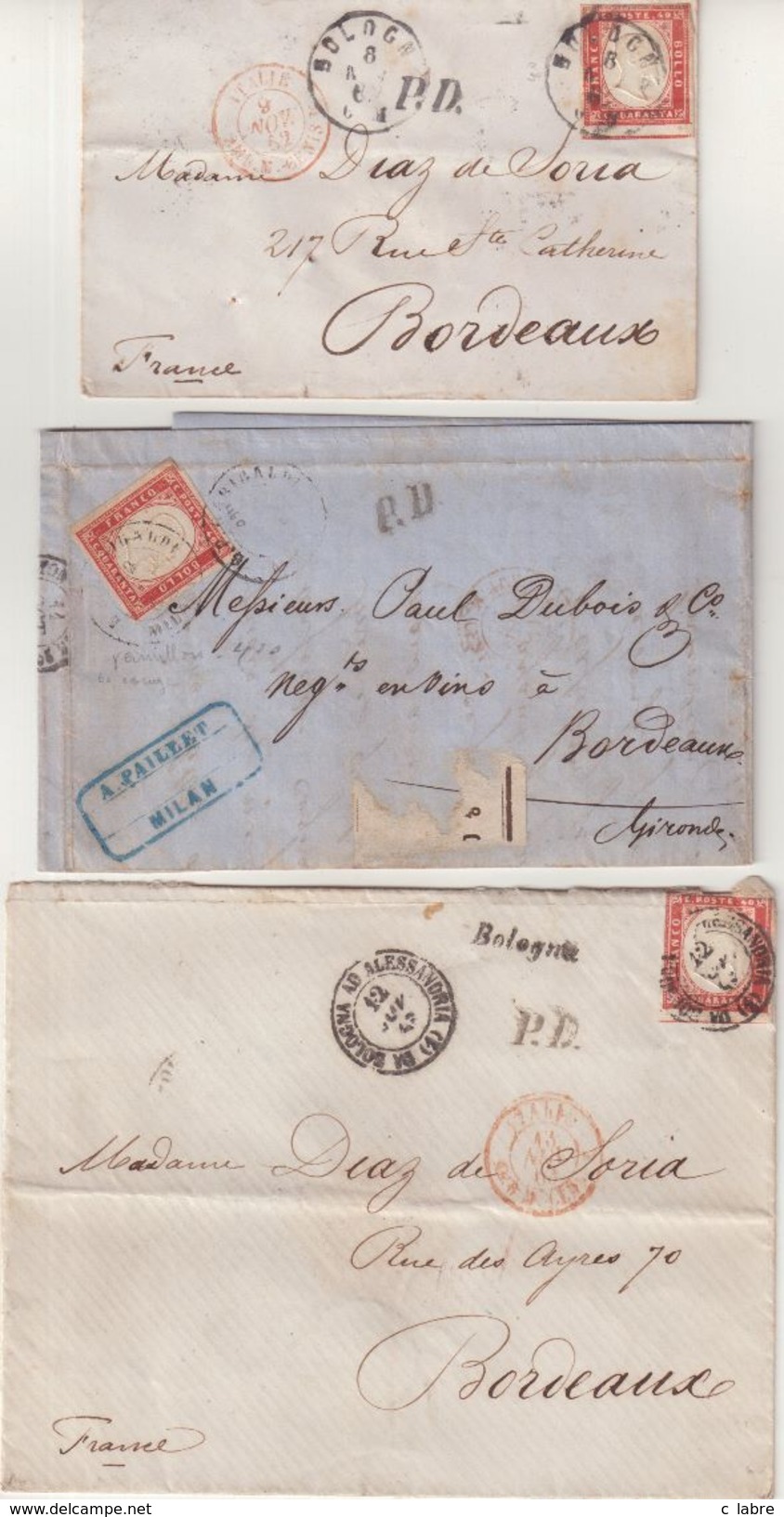 ITALIE : SARDAIGNE  . 6 LETTRES . N° 13 . POUR LA FRANCE . 1862/63 . AB A B . - Sardinia