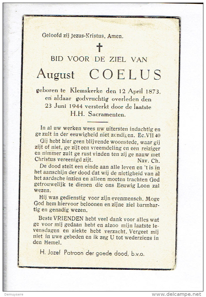 DP 2813 - AUGUST COELUS - KLEMSKERKE 1873 + 1944 - Images Religieuses