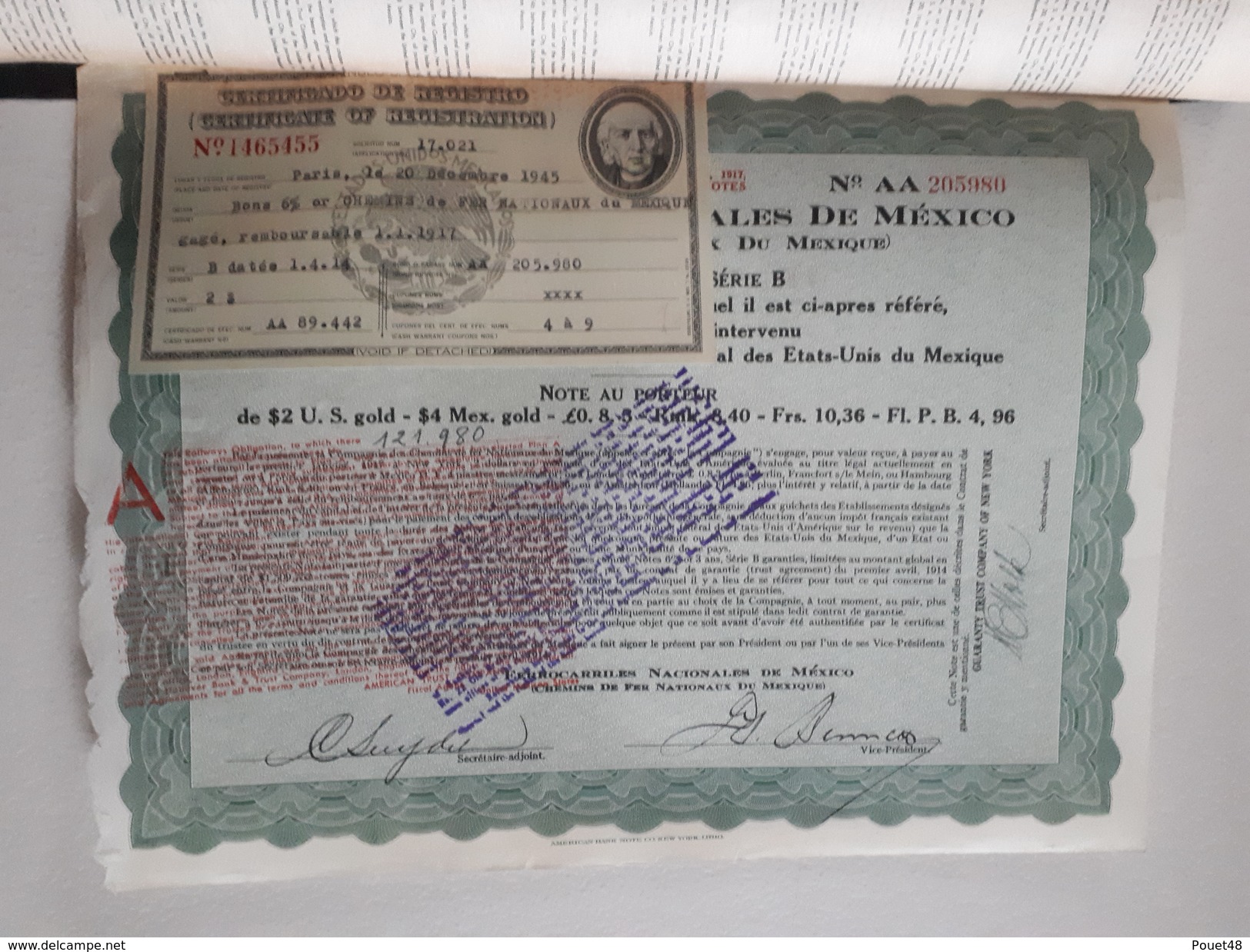 Ferrocarriles Nacionales De Mexico De 1917: Enregistré En 1945 - Ferrocarril & Tranvías