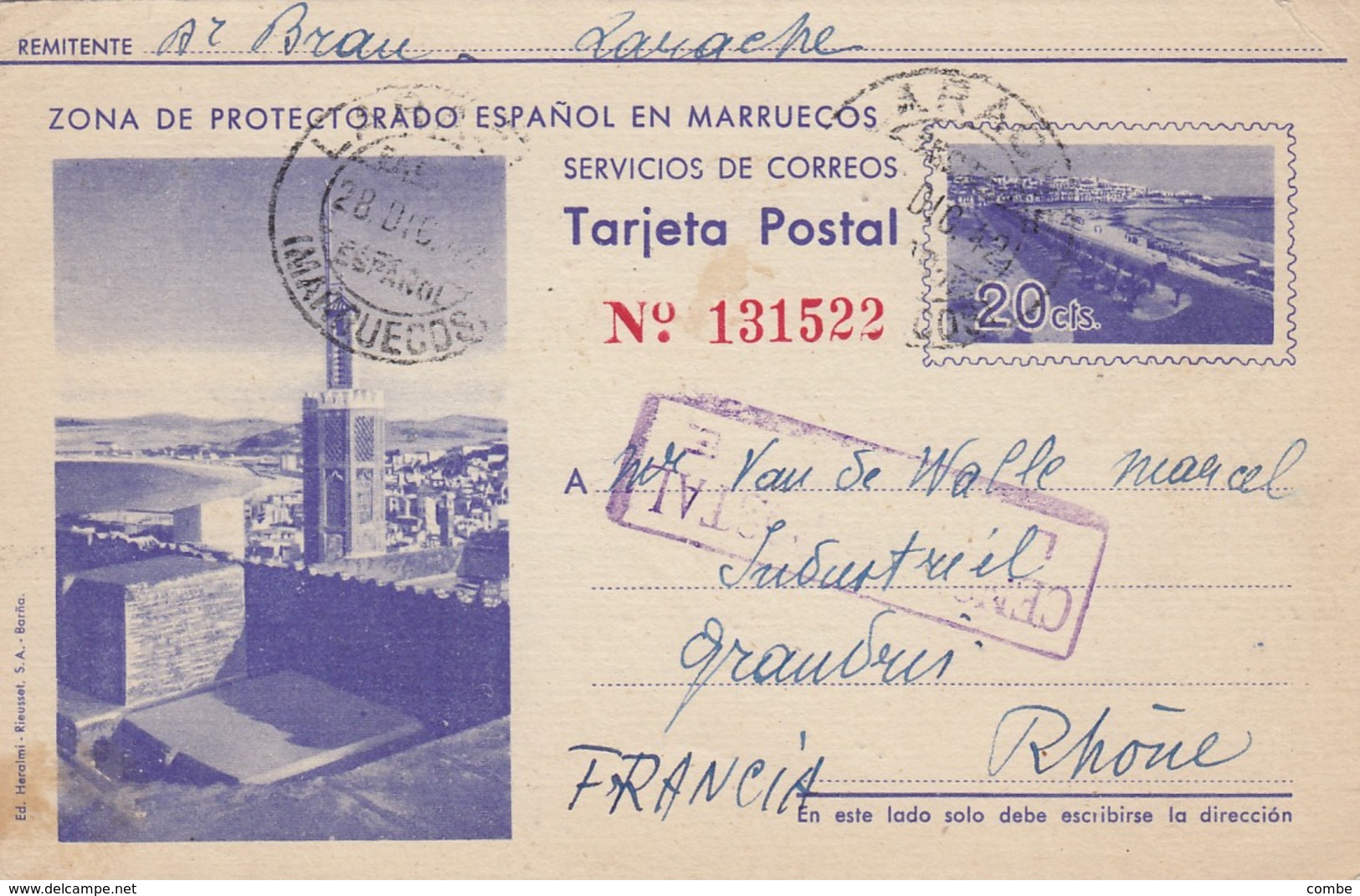 Tarjeta Postal Espanol-Marruecos Larache 1942 Censura Postal LARACHE To GRANDRIS France - Marruecos Español