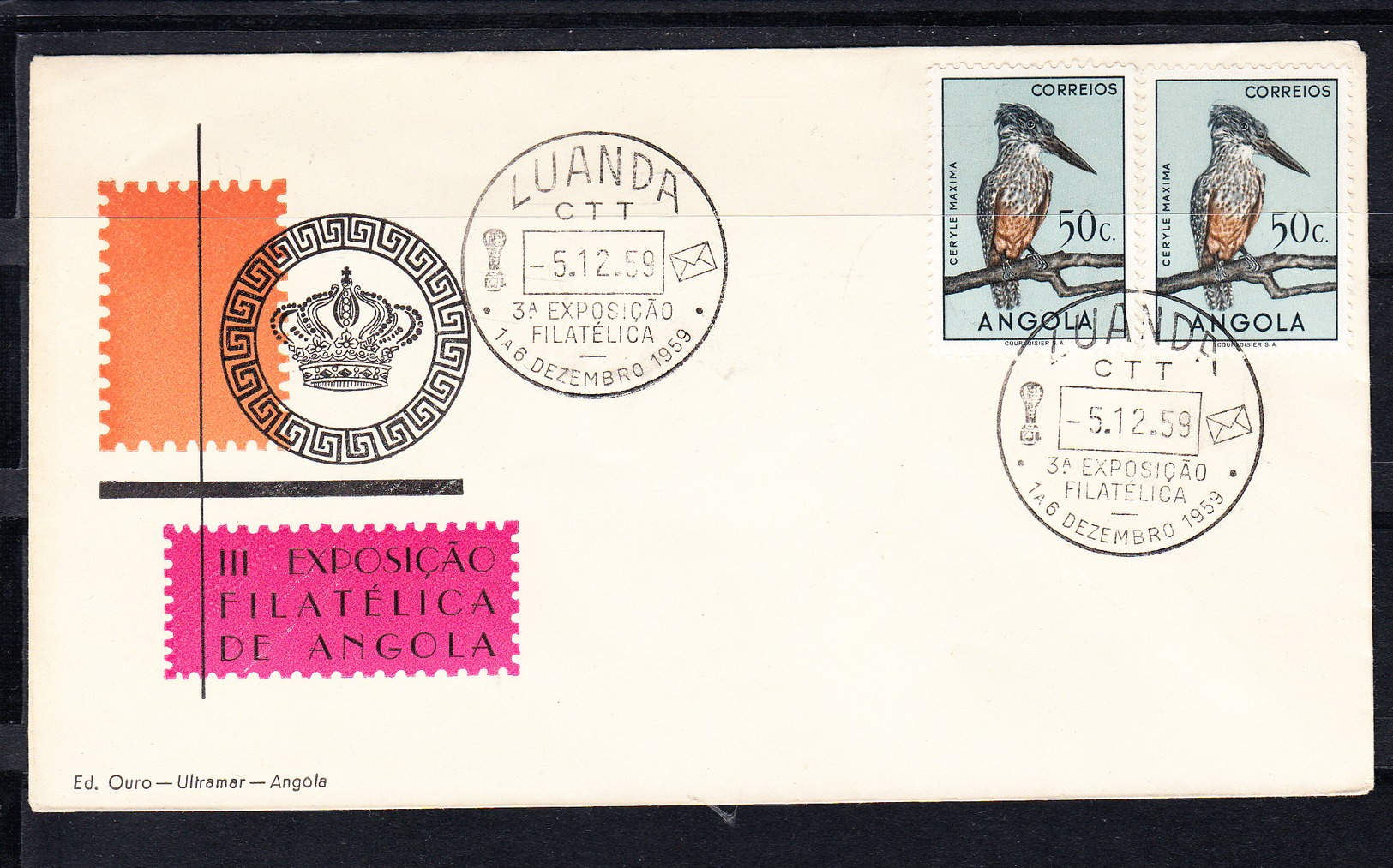 ANGOLA 1959. KINGFISHER GIGANTE  FDC SOBRE 1er. DIA   CECI 1 Nº 386 - Adler & Greifvögel