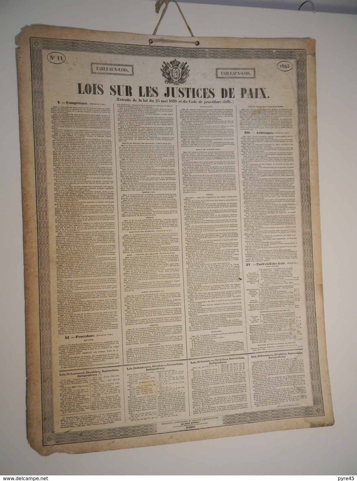 Affiche N° 11,  61 X 46 Cm  Tableaux Lois 1843 Lois Sur Les Justices De Paix   Imprimerie Paul Dupont à Paris( Tachée ) - Posters