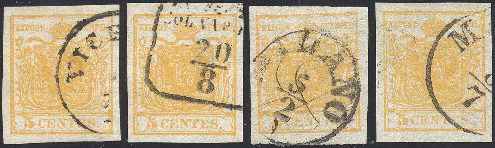 6 1850 - 5 Cent. Arancio (1), Quattro Esemplari Usati, Perfetti.... - Lombardije-Venetië