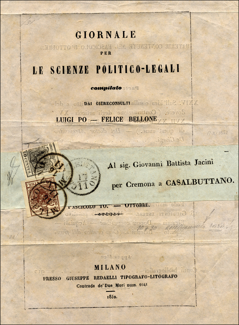 21 1852 - 10 Cent. Nero, Mal Tagliato, 30 Cent. Bruno, Perfetto (2,7f), Su Stampato In Esatta Tariffa D... - Lombardije-Venetië