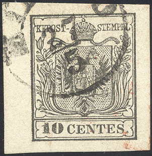 23 1850 - 10 Cent. Grigio Nero (2c), Usato, Perfetto, Margini Enormi, Bellissimo.... - Lombardije-Venetië