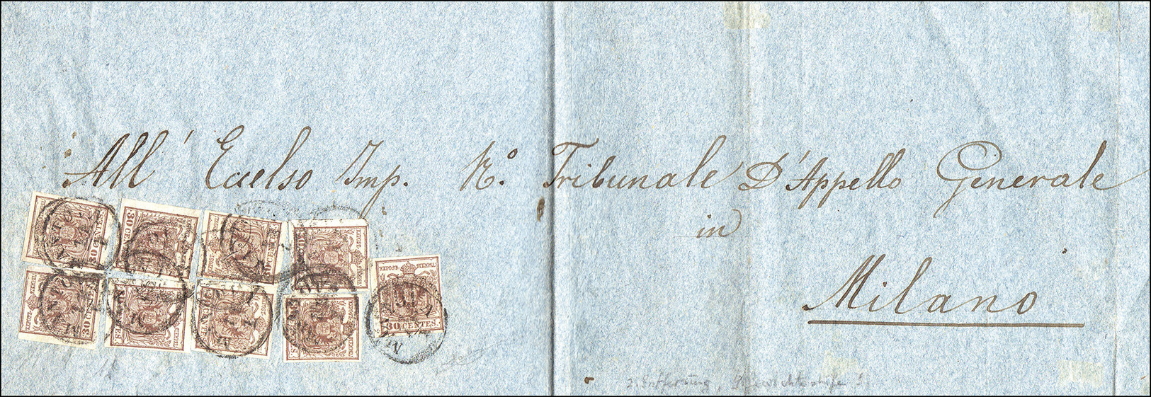 44 1853 - 30 Cent. Bruno, II Tipo (8), Nove Esemplari Perfetti, Su Sovracoperta Di Lettera Spedita Da M... - Lombardije-Venetië