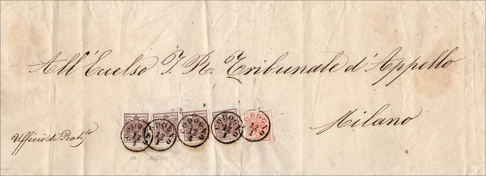 45 1854 - 30 Cent. Bruno Rossiccio, II Tipo, Carta A Mano, 4 Esemplari, 15 Cent. Rosso Vermiglio, Carta... - Lombardije-Venetië