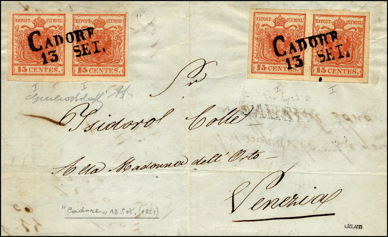 56 1851 - 15 Cent. Rosso Vermiglio, I Tipo, Carta A Coste Verticali, Coppia, 15 Cent. Rosso Vermiglio, ... - Lombardije-Venetië