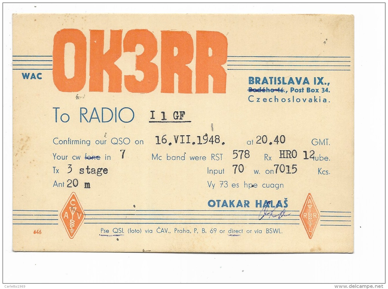 QSL RADIO - OK3RR BRATISLAVA  1948 - Radio