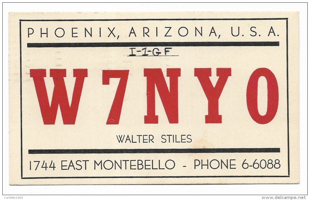 QSL RADIO -  W7NYO PHOENIX ARIZONA  1950 - Radio