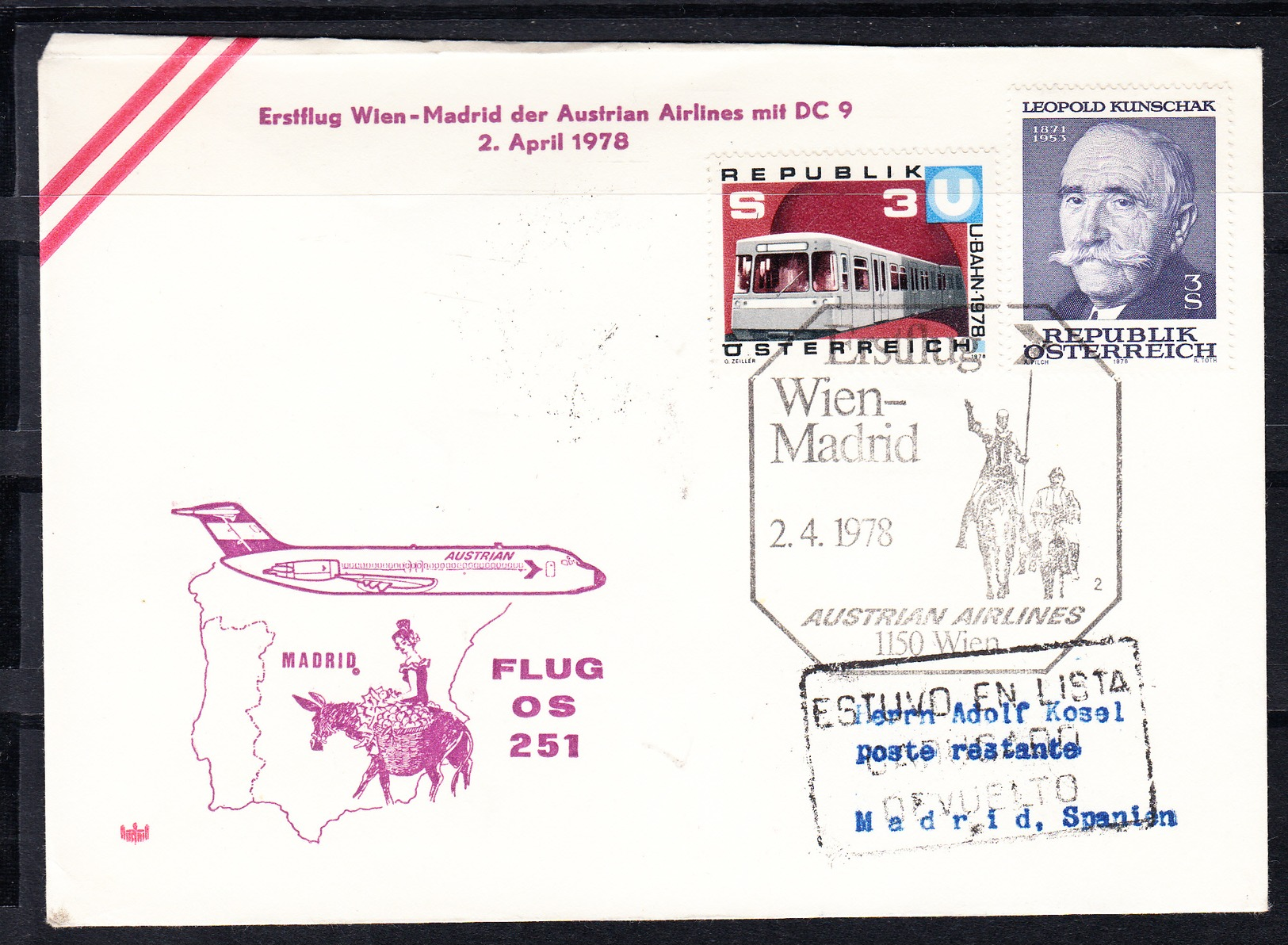 AUSTRIA 1978 PRIMER VUELO VIENA-MADRID  En DC 9.  2 Abril 1978  CECI 1 Nº 394 - Aerei