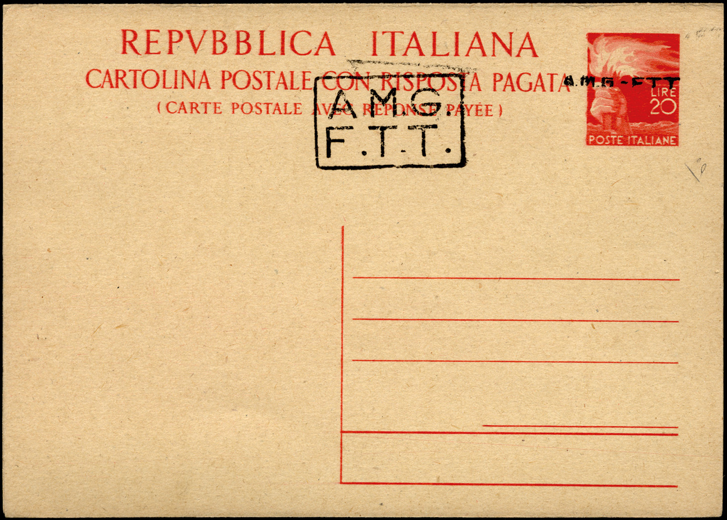 2811 1947 - 20 + 20 Lire Cartolina Postale Con Risposta Pagata, Soprastampa A+B Sulla Domanda (Filograno ... - Autres & Non Classés