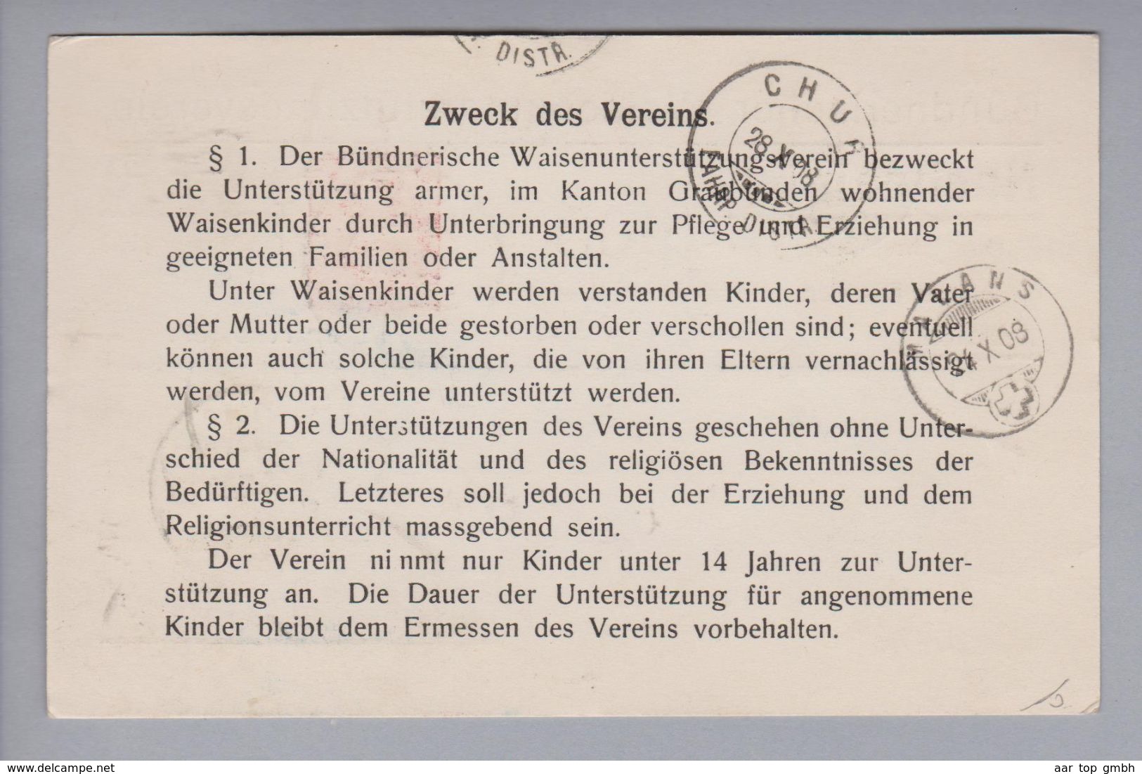 Schweiz Privatganzsache 1908-10-23 NN-Karte Bündner Waisenunterstützungsverein Annahme Verweigert - Enteros Postales