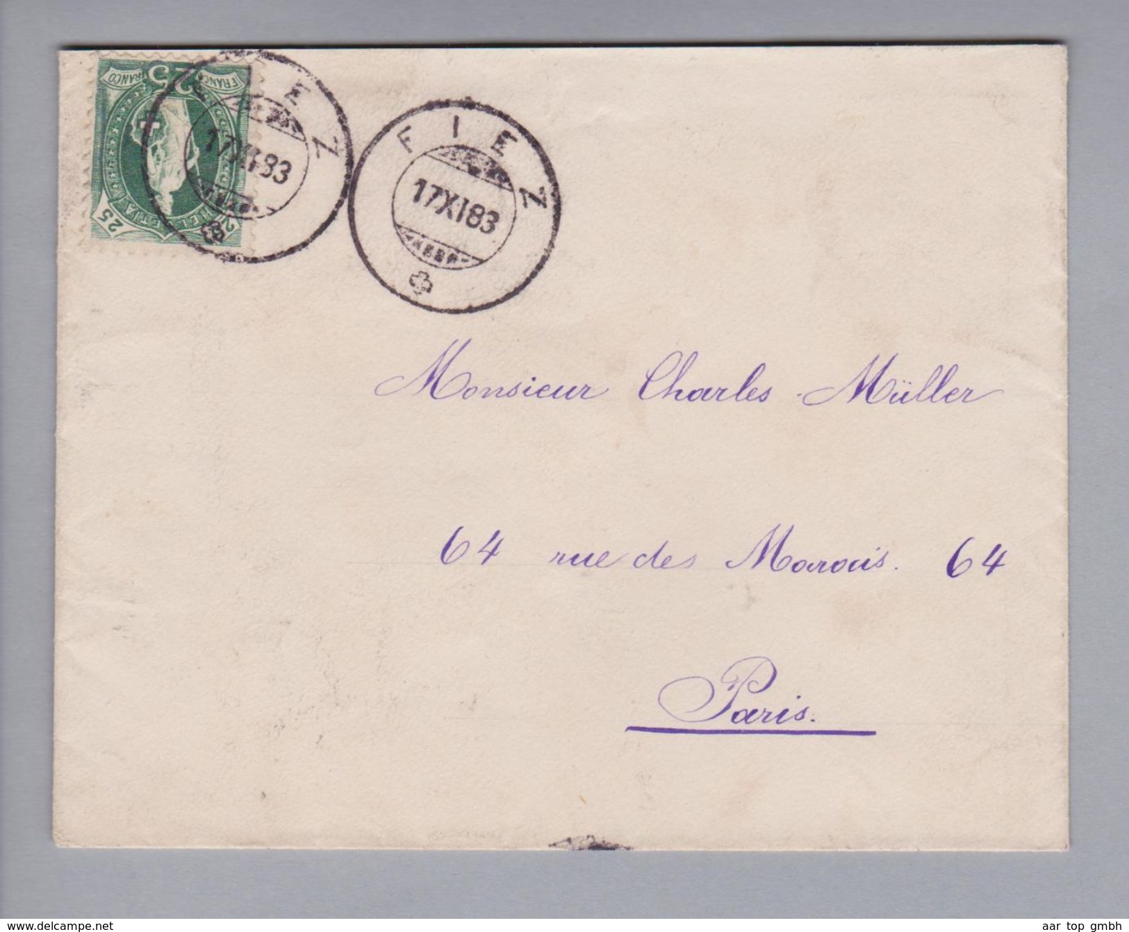 Heimat CH VD Fiez 1883-11-17 Brief Nach Paris Mit Zu#67A 25Rp. Stehende Helvetia - Lettres & Documents