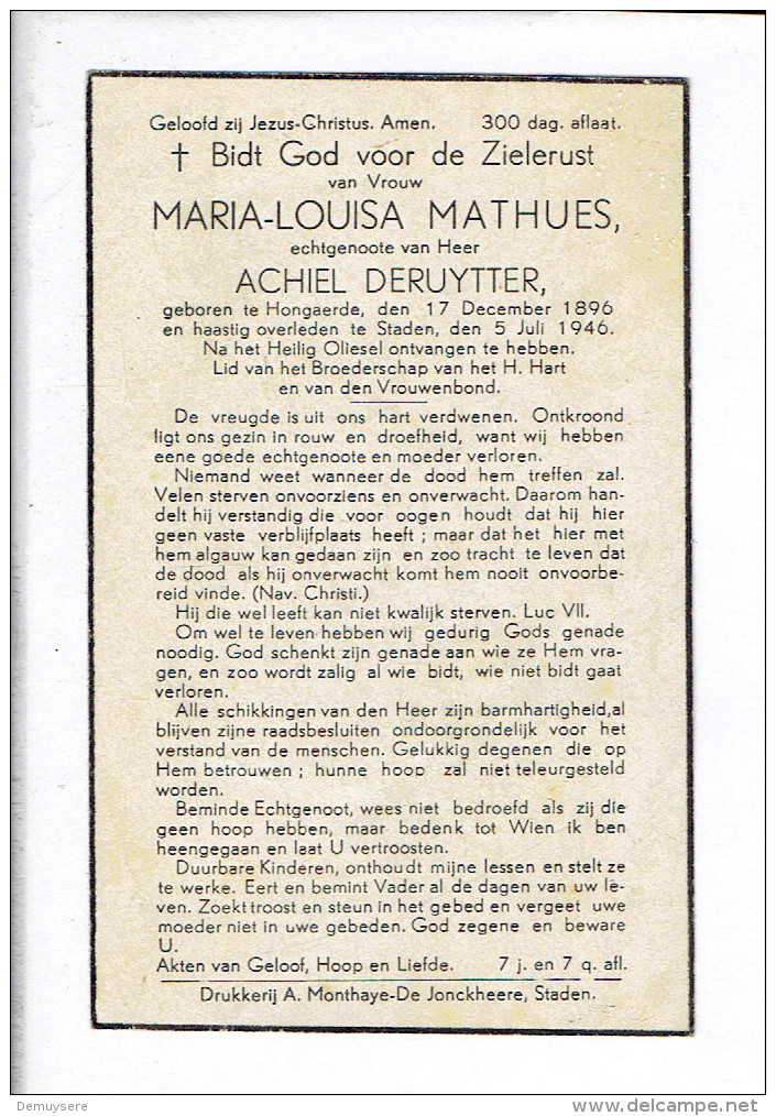 DP 2848 - MARIA MOUISA MATHUES - HONGAERDE 1896 + STADEN 1946 - Images Religieuses