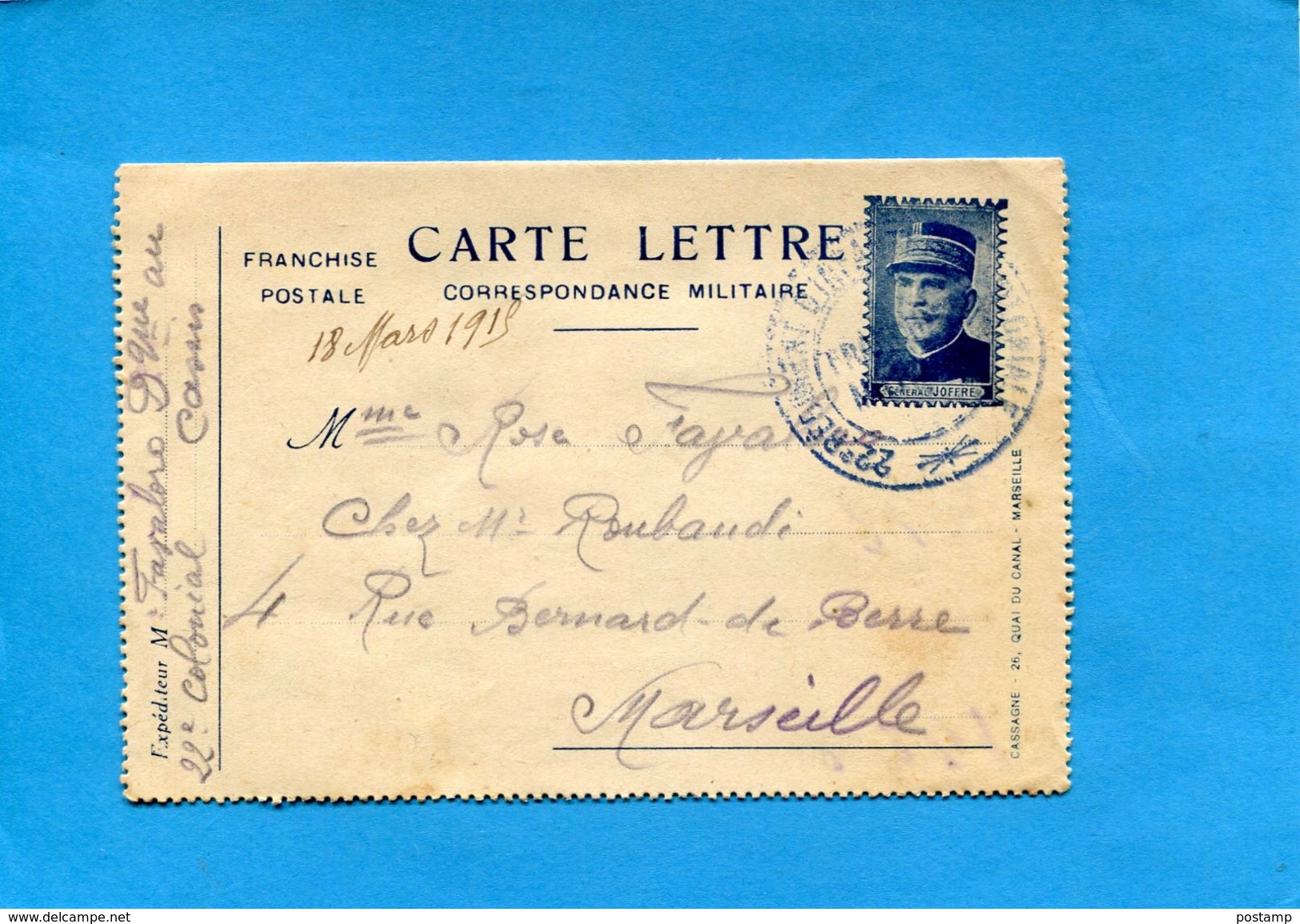 Guerre 14-18-carte Lettre FM Illustrée JOFFRE-a Voyagé En 1915 -Cachet Oblitérant Qur Figurine 22° Régt Colonial - Lettres & Documents