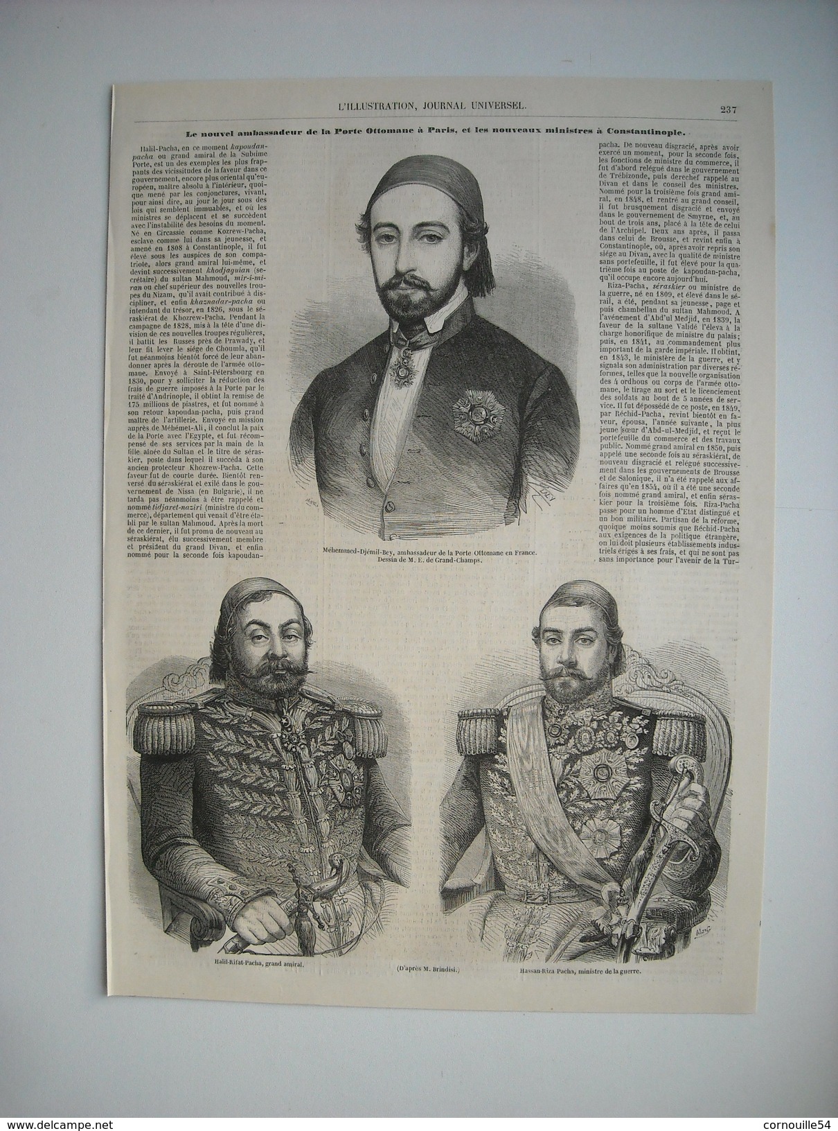 GRAVURE 1855. MEHEMMED-DJEMIL-BEY, AMBASSADEUR DE LA PORTE OTTOMANE EN FRANCE. HALIL-RIFAT-PACHA. HASSAN-RIZA-PACHA..... - Prints & Engravings