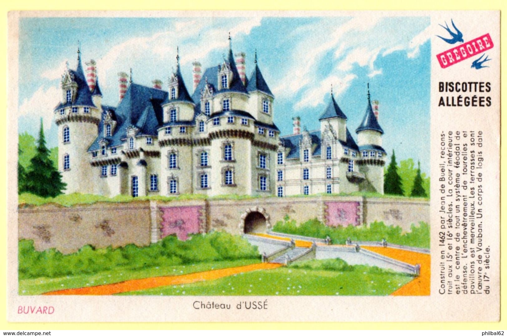 Buvard Grégoire, Biscottes Allégées. Biscottes " Aux Martinets ". Illustration : Le Château D'Ussé. - Zwieback