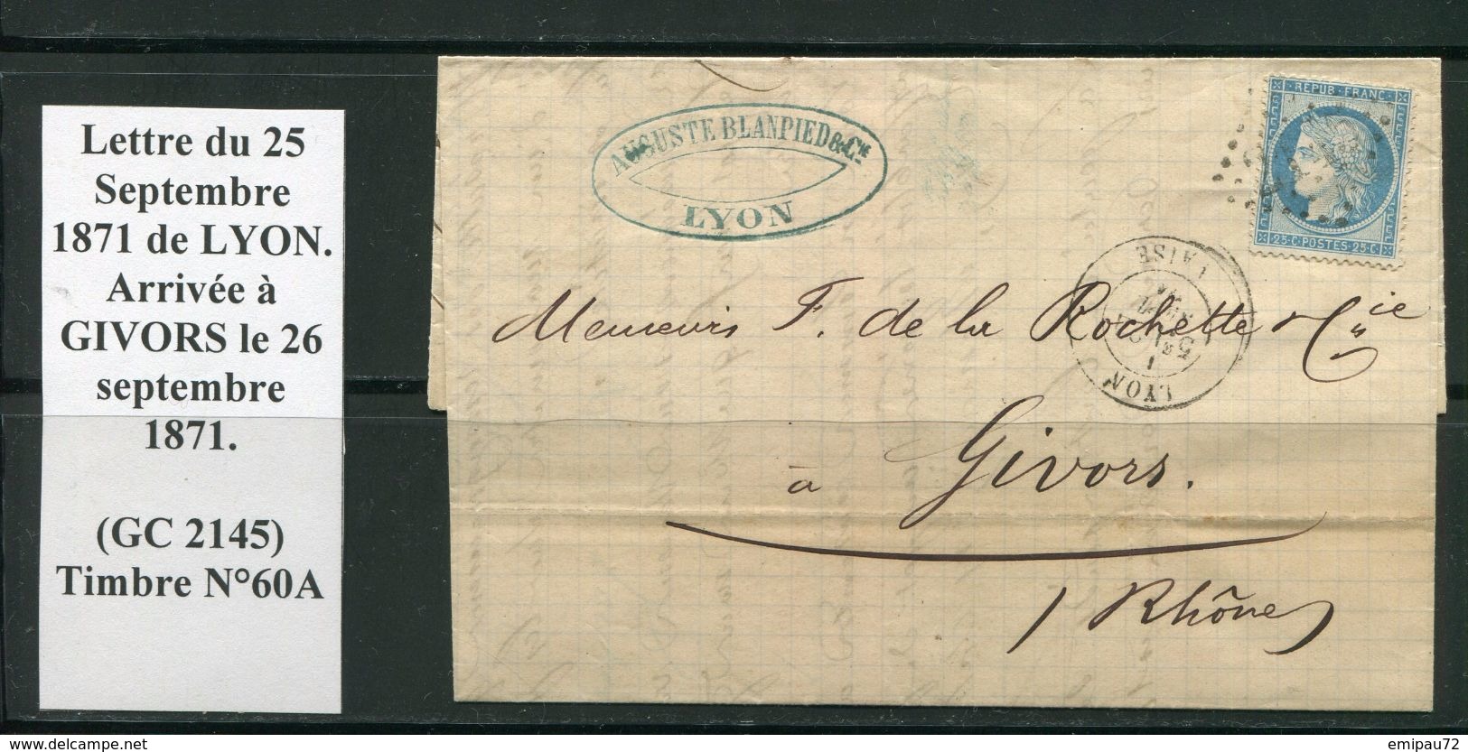 FRANCE- Lettre Du 25 Septembre 1871 De LYON (68) Pour GIVORS (68)- GC 2145- Y&T N°60A - 1871-1875 Ceres