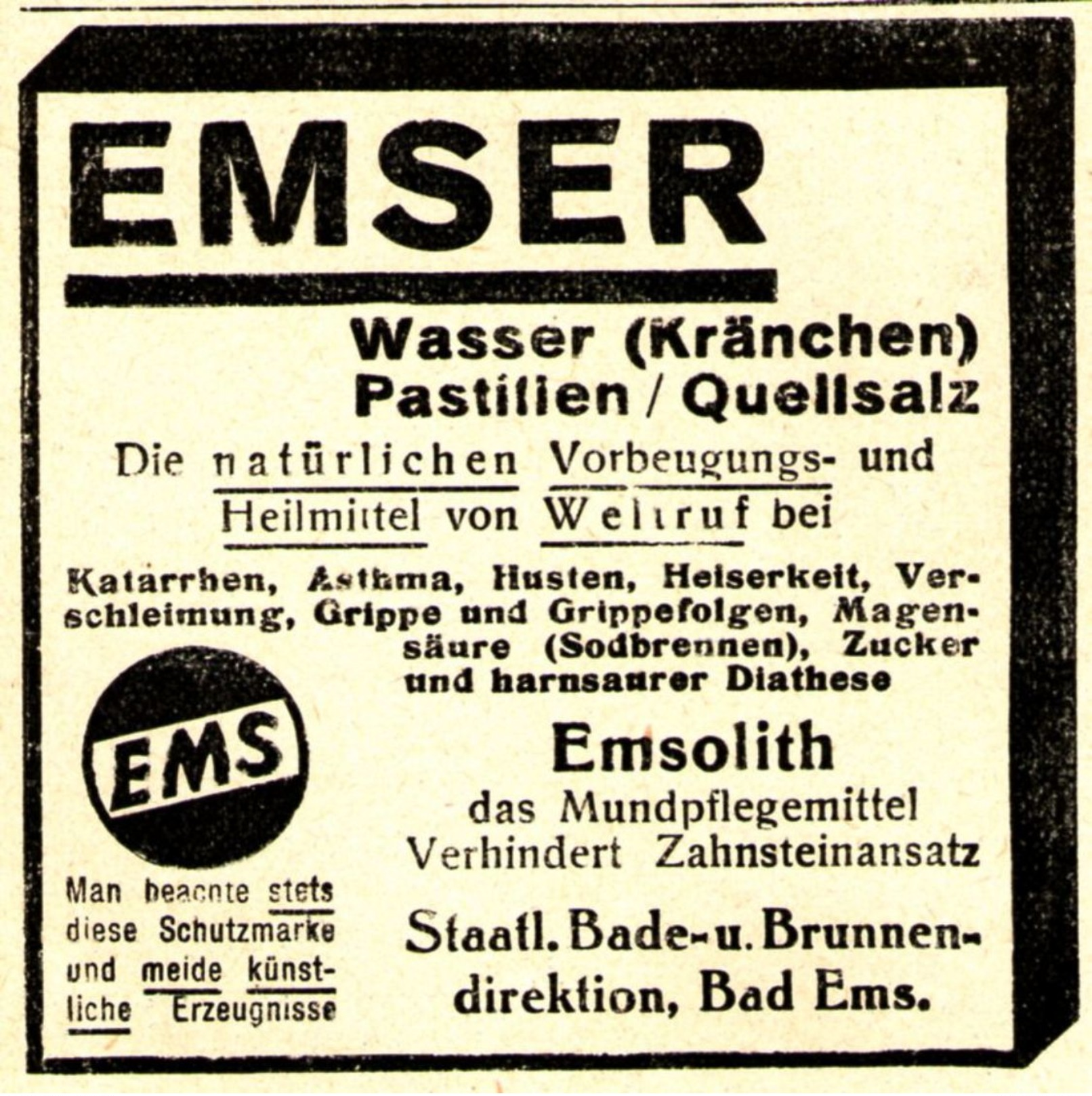 Original-Werbung/ Anzeige 1930 - EMSER WASSER / EMSOLITH / BAD EMS - Ca. 65 X 65 Mm - Werbung