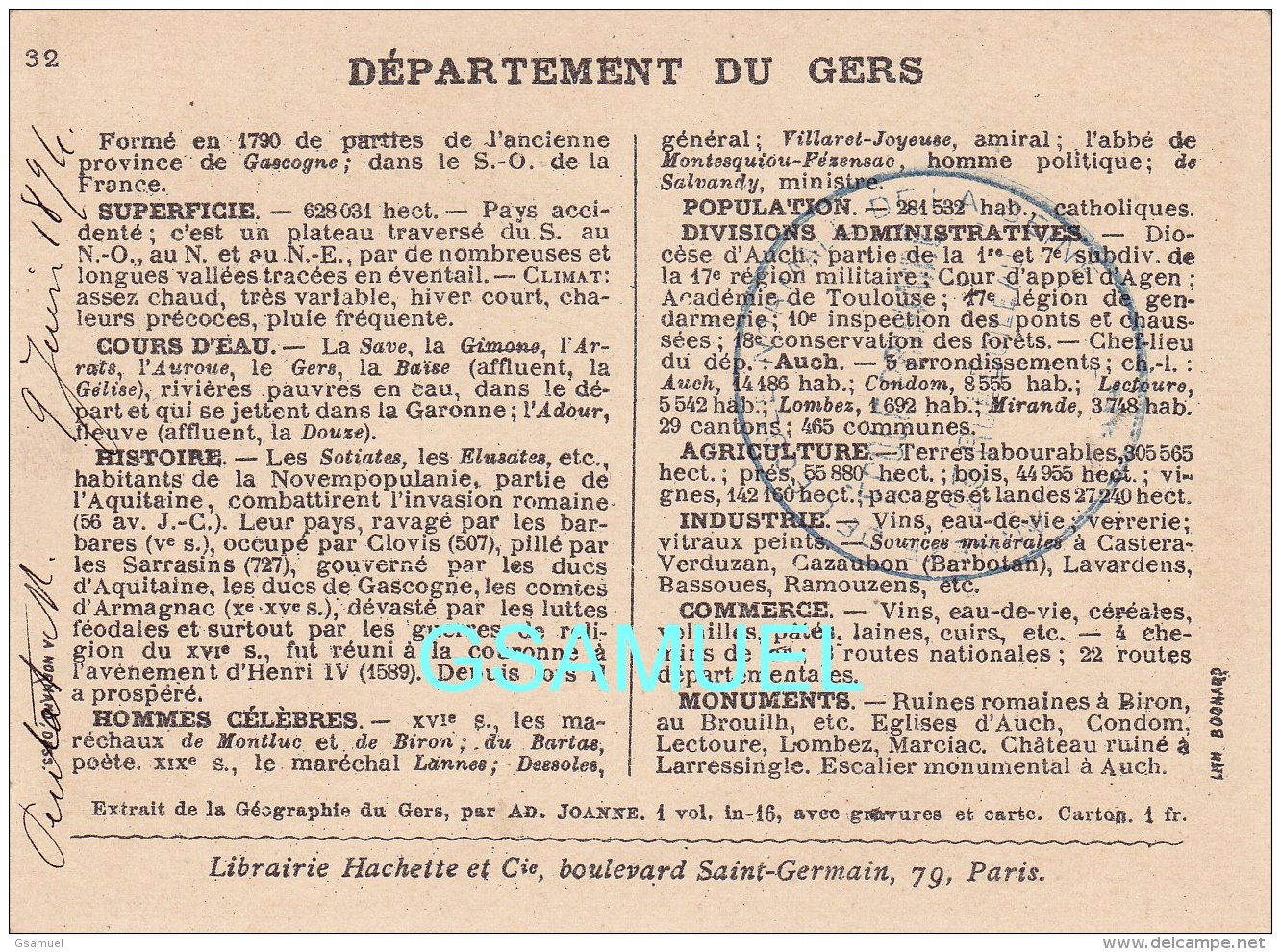 Chromo Datée 1894 Et Tampon Au Dos  (11 Cm Sur 8,2 Cm Env) Département Illustré Gers. Hachette - Autres & Non Classés