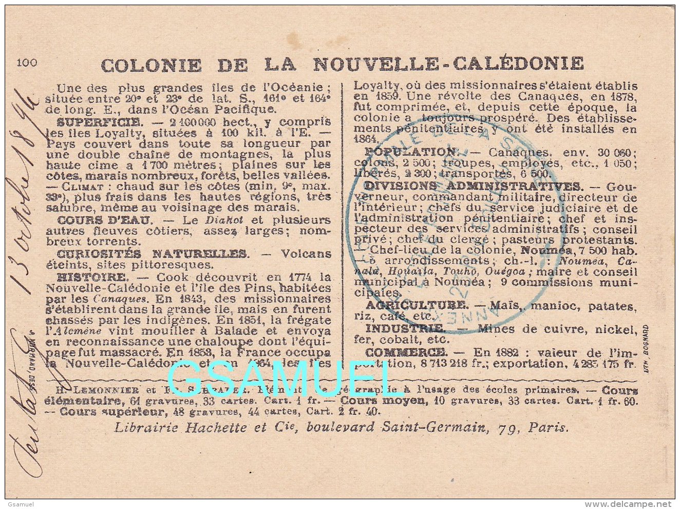 Chromo Datée 1894 Et Tampon Au Dos  (11 Cm Sur 8,2 Cm Env) Département Illustré Colonie De La La Nouvelle Calédonie - Nouvelle Calédonie