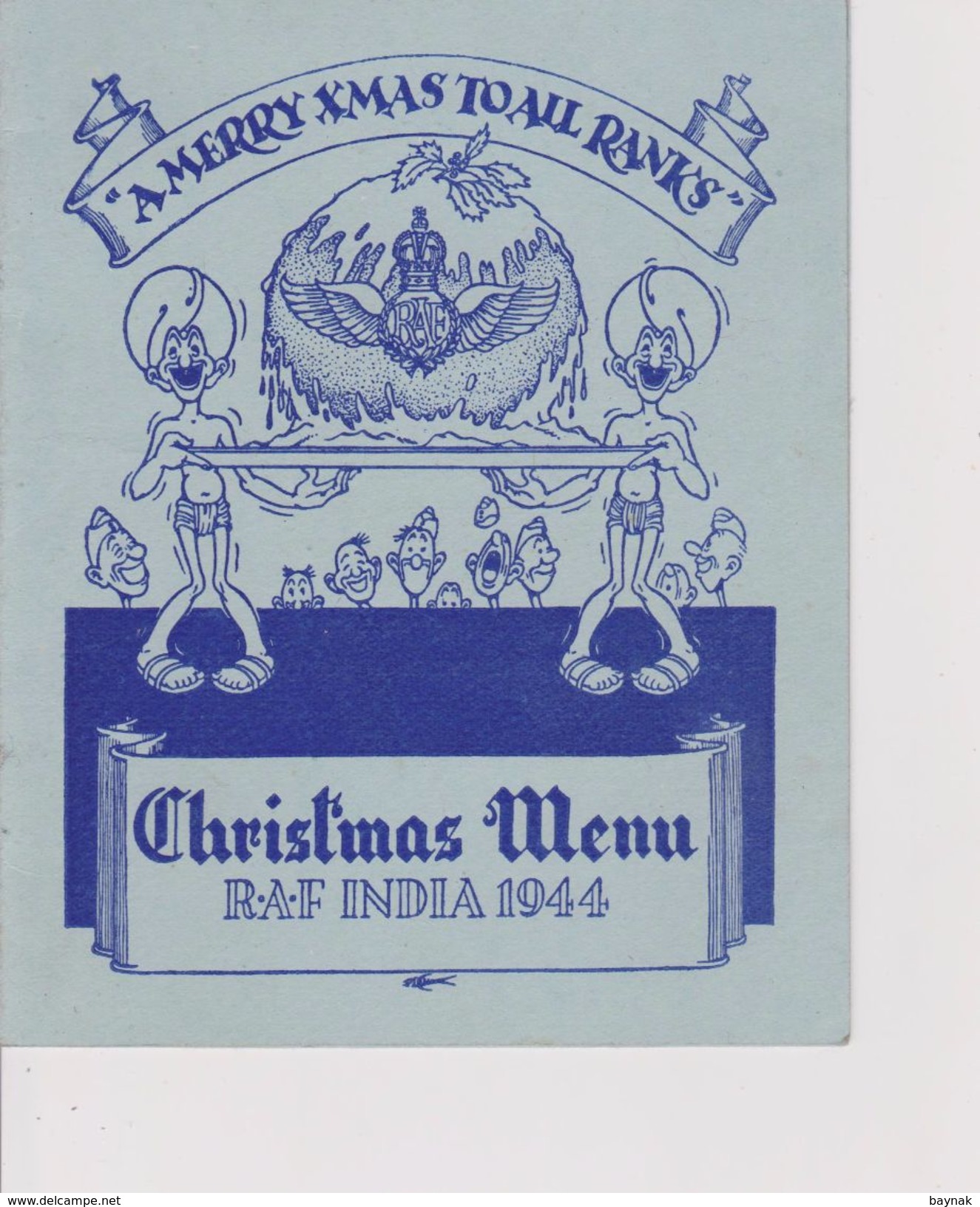 R. A. F.  INDIA  -- CHRISTMAS  MENU  1944   + VISITING CARD  Lieut. Air  Corps.  HARRY  W. MORSE  --  U. S. AIR FORCE - Menükarten